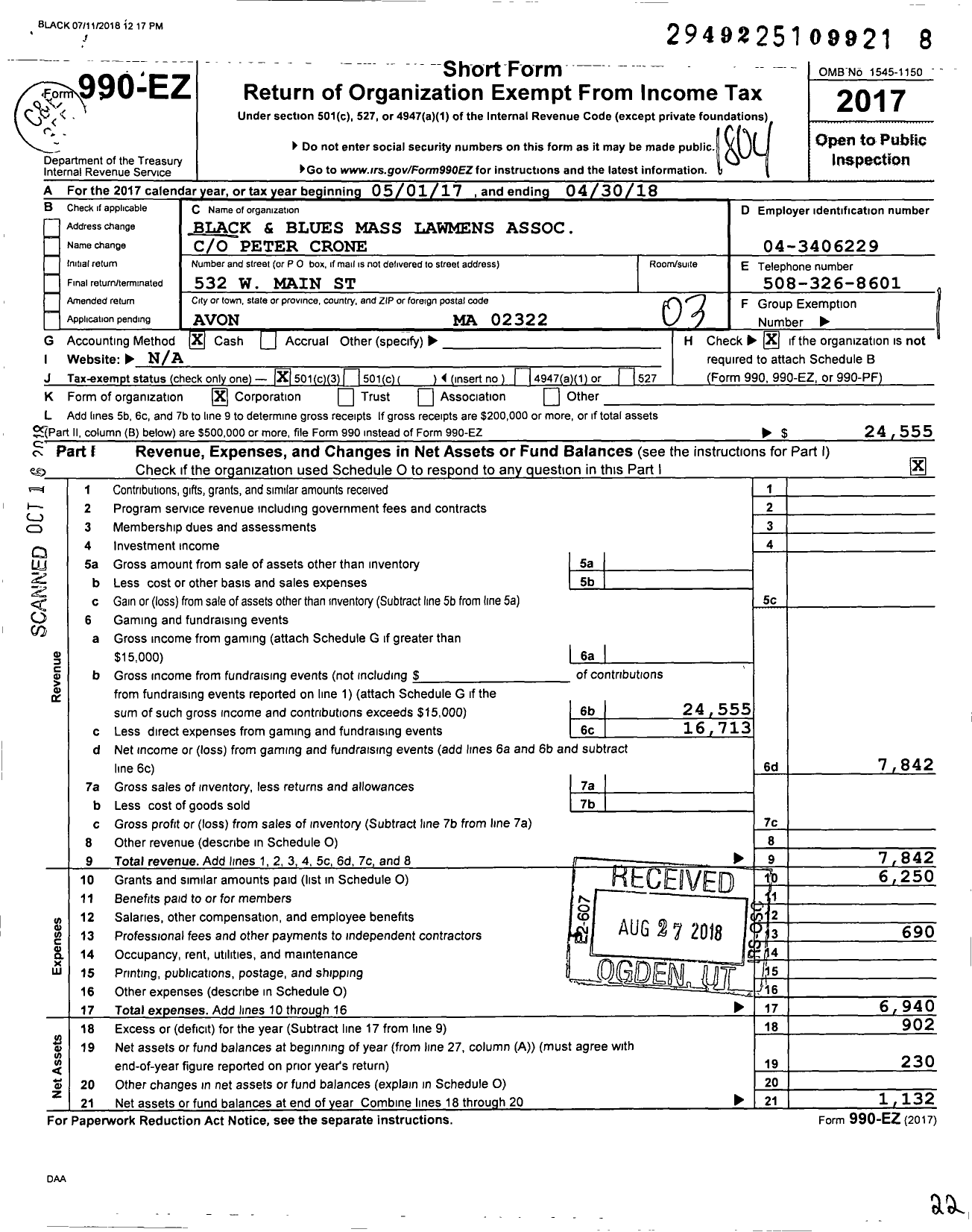 Image of first page of 2017 Form 990EZ for Black and Blues Massachusetts Lawmens Association