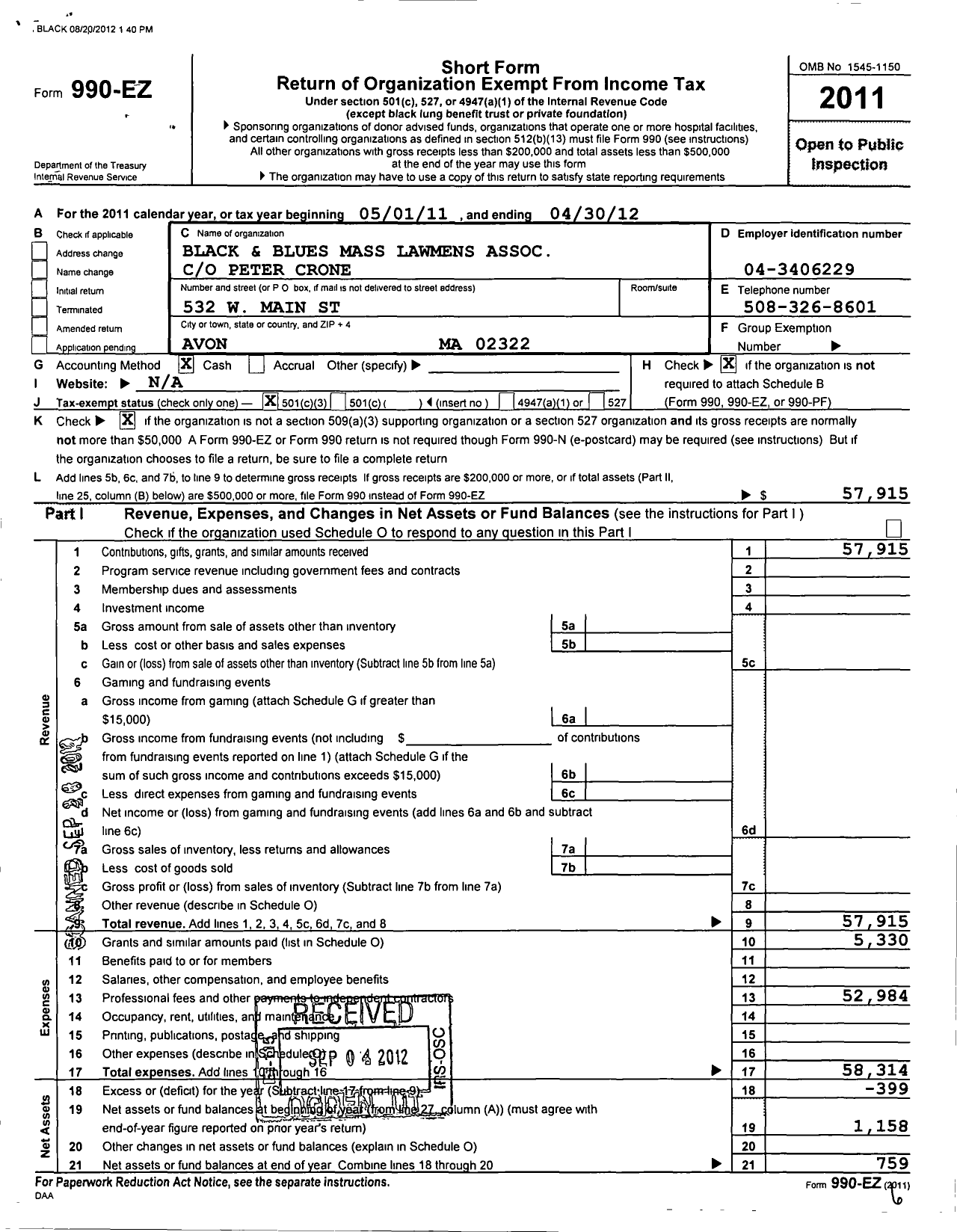 Image of first page of 2011 Form 990EZ for Black and Blues Massachusetts Lawmens Association