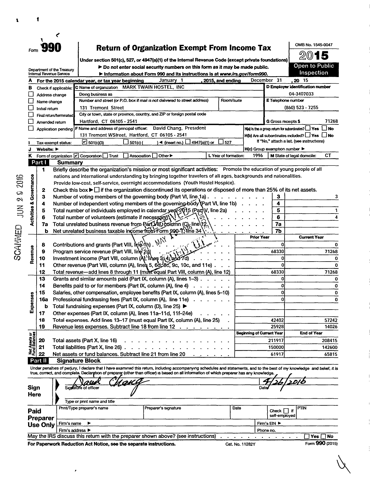 Image of first page of 2015 Form 990 for Mark Twain Hostel