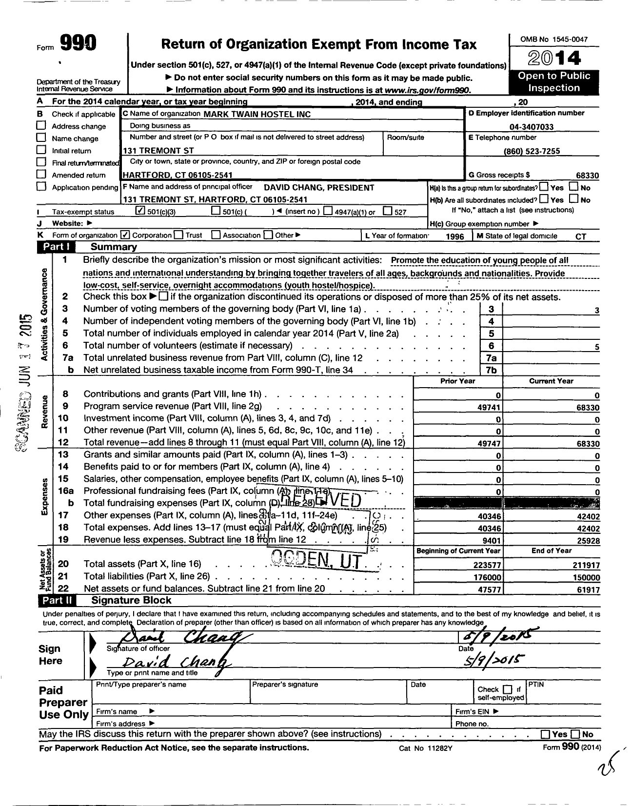 Image of first page of 2014 Form 990 for Mark Twain Hostel