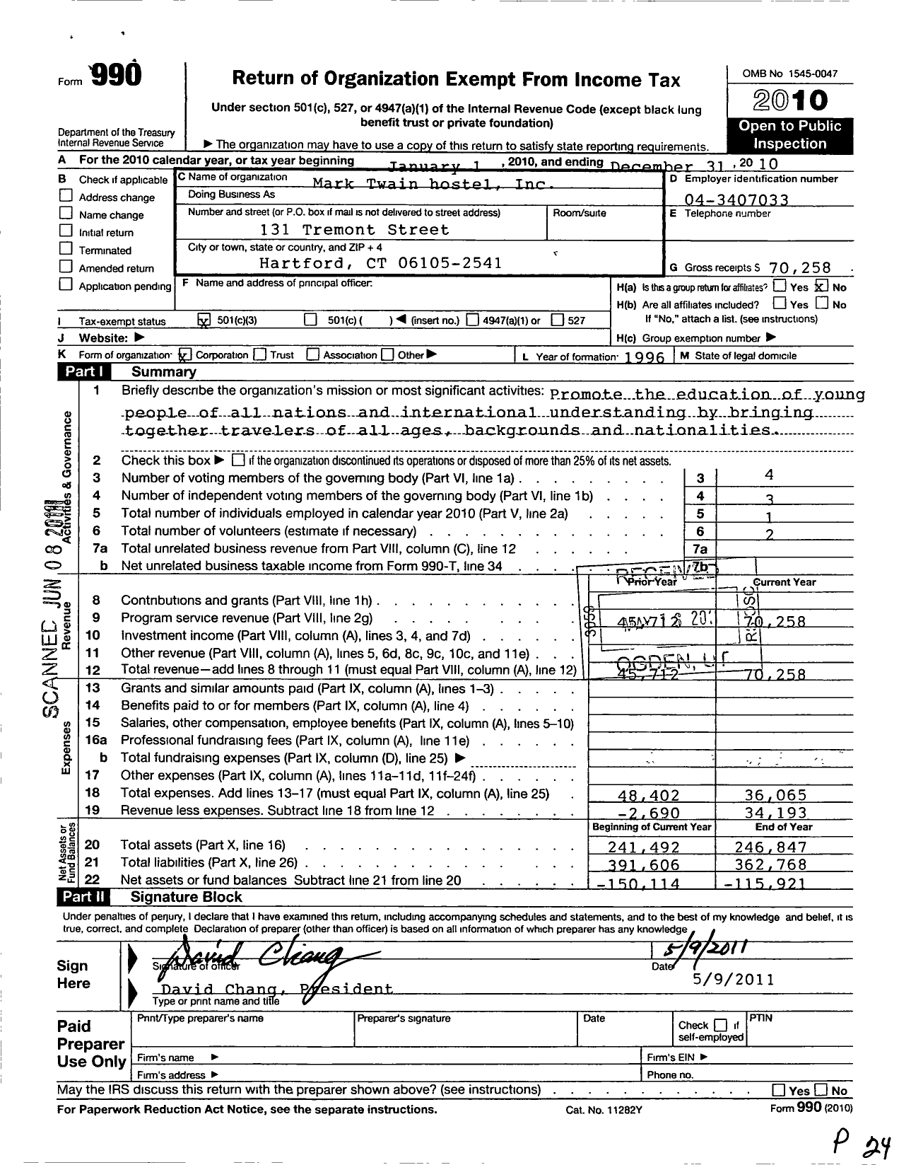 Image of first page of 2010 Form 990 for Mark Twain Hostel