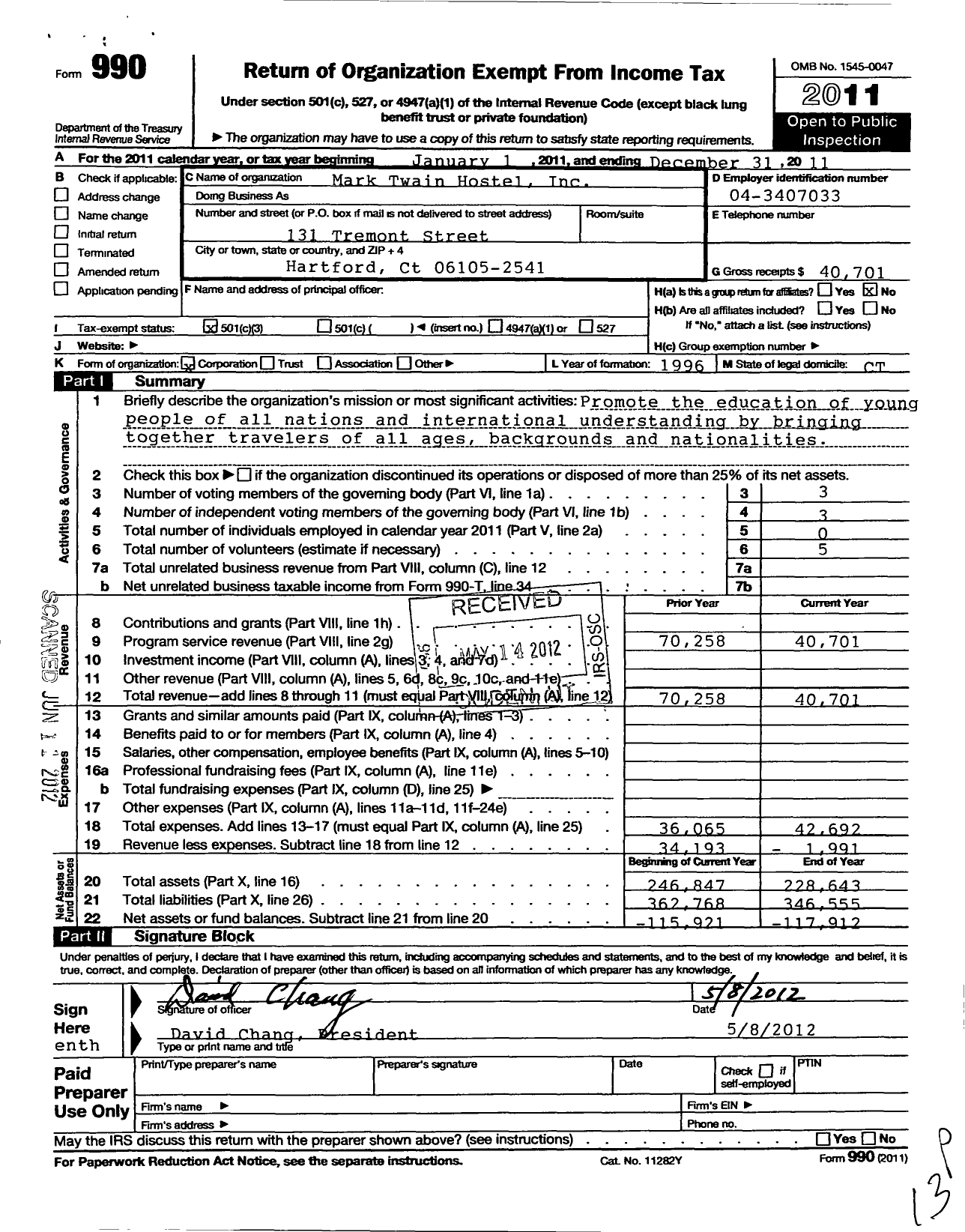 Image of first page of 2011 Form 990 for Mark Twain Hostel