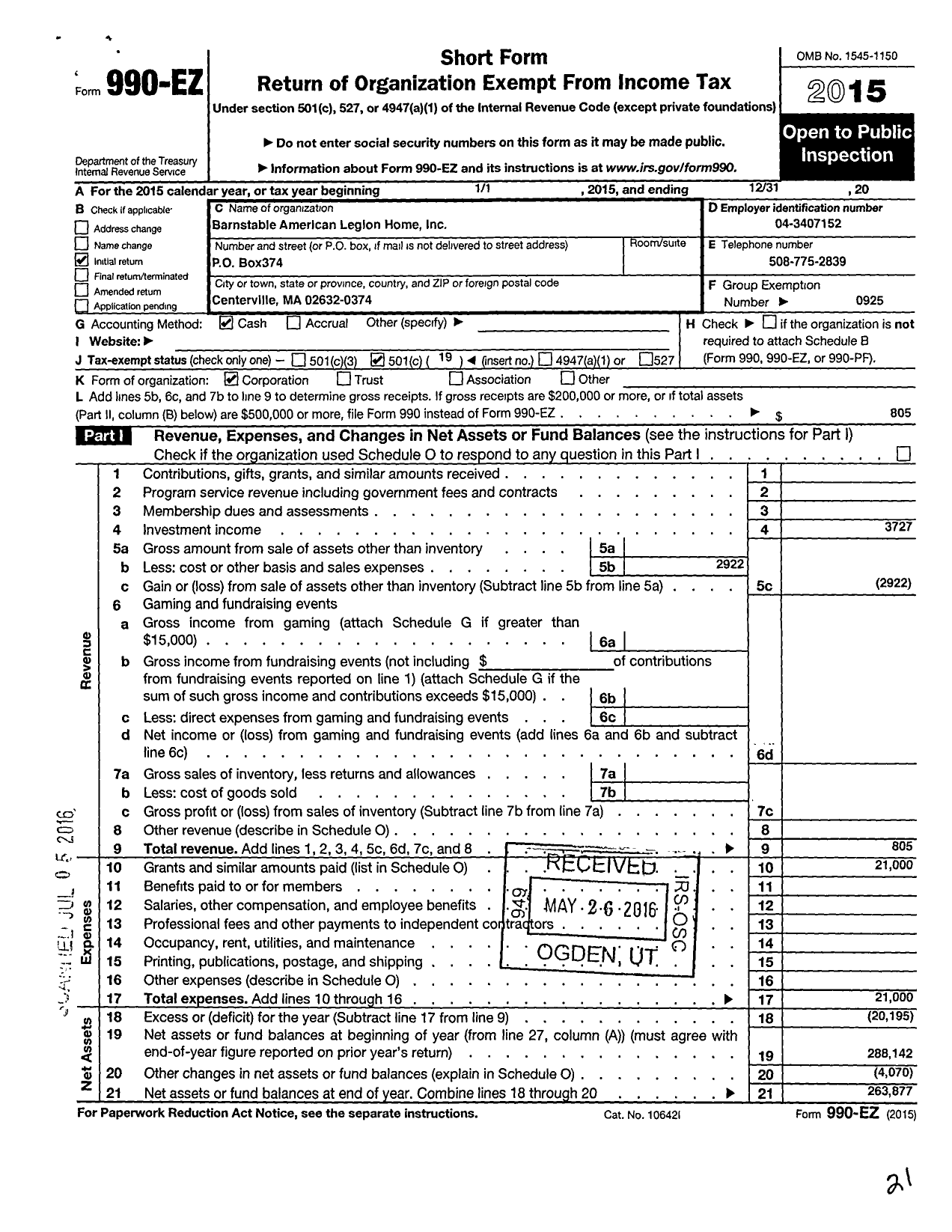 Image of first page of 2015 Form 990EO for American Legion - Barnstable American Legion Home