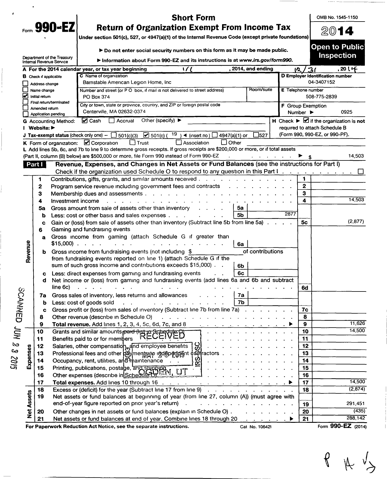 Image of first page of 2014 Form 990EO for American Legion - Barnstable American Legion Home