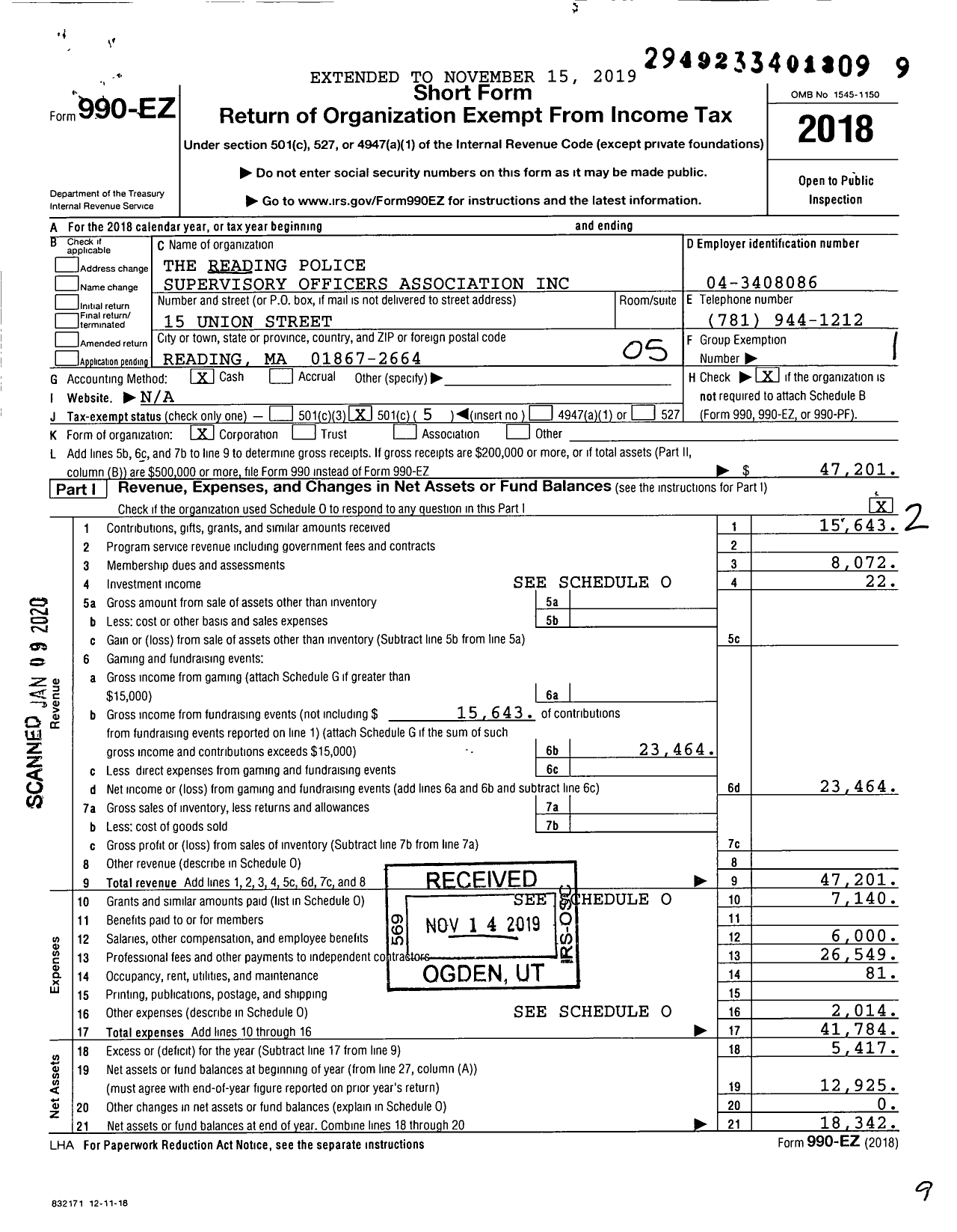 Image of first page of 2018 Form 990EO for The Reading Police Supervisory Officers Association