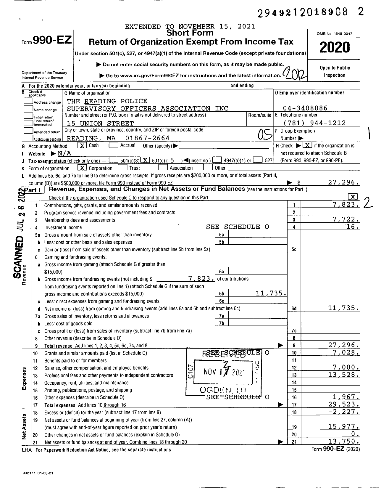 Image of first page of 2020 Form 990EO for The Reading Police Supervisory Officers Association