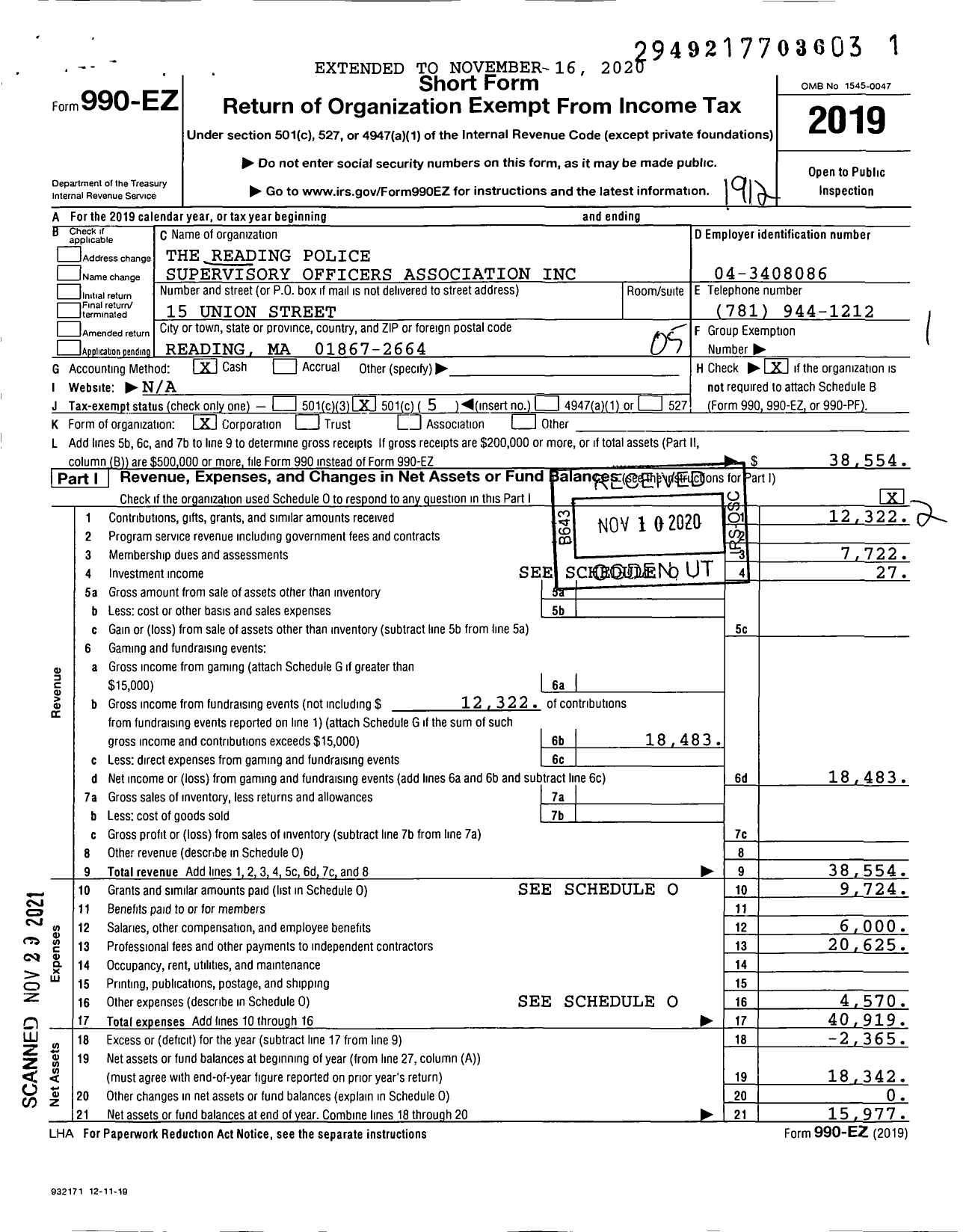 Image of first page of 2019 Form 990EO for The Reading Police Supervisory Officers Association