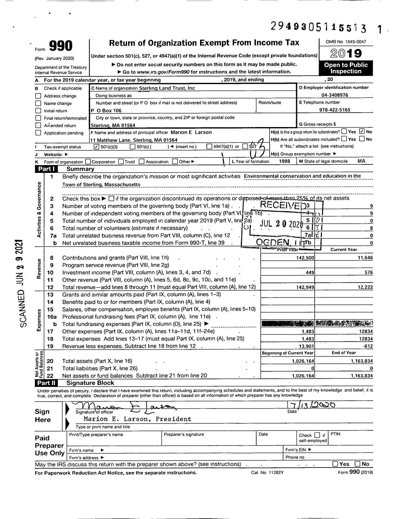 Image of first page of 2019 Form 990 for Sterling Land Trust