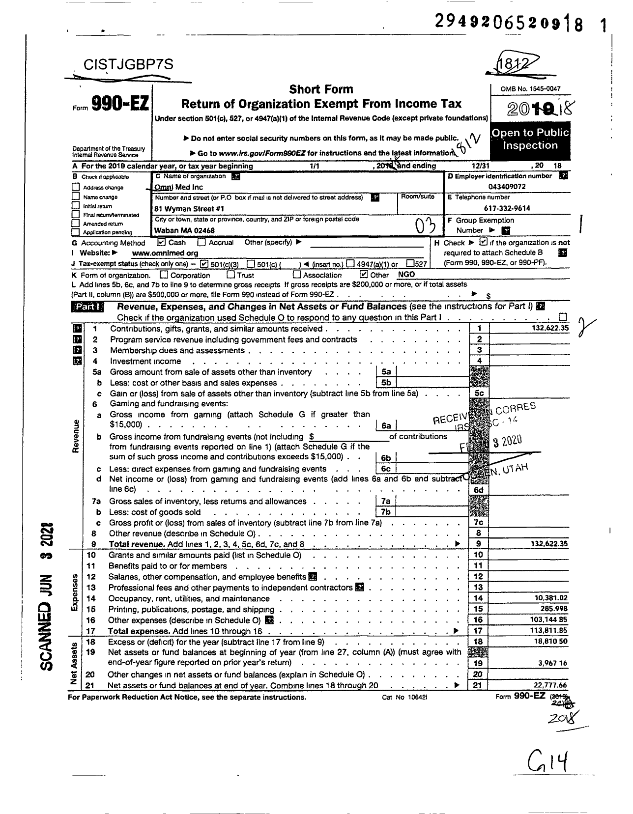 Image of first page of 2018 Form 990EZ for Omni Med