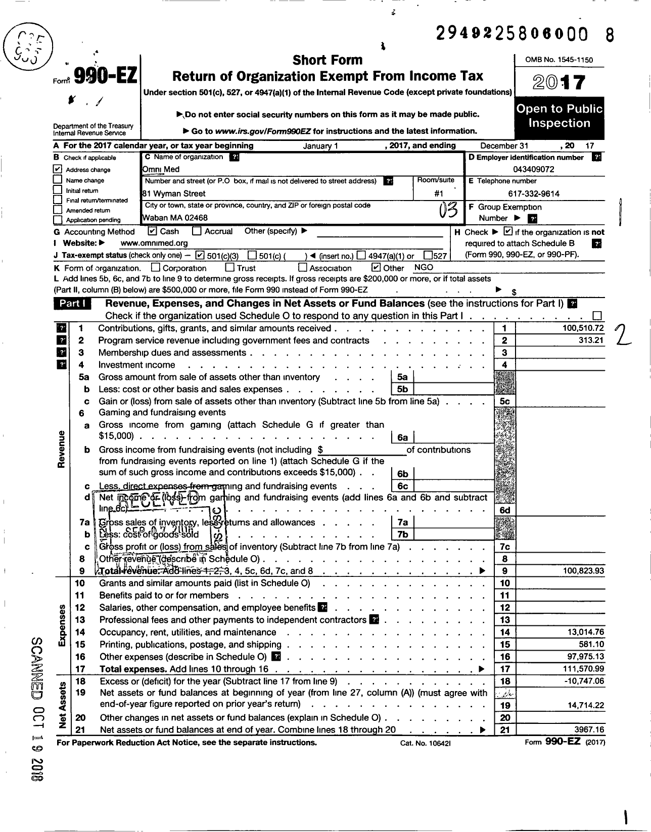 Image of first page of 2017 Form 990EZ for Omni Med