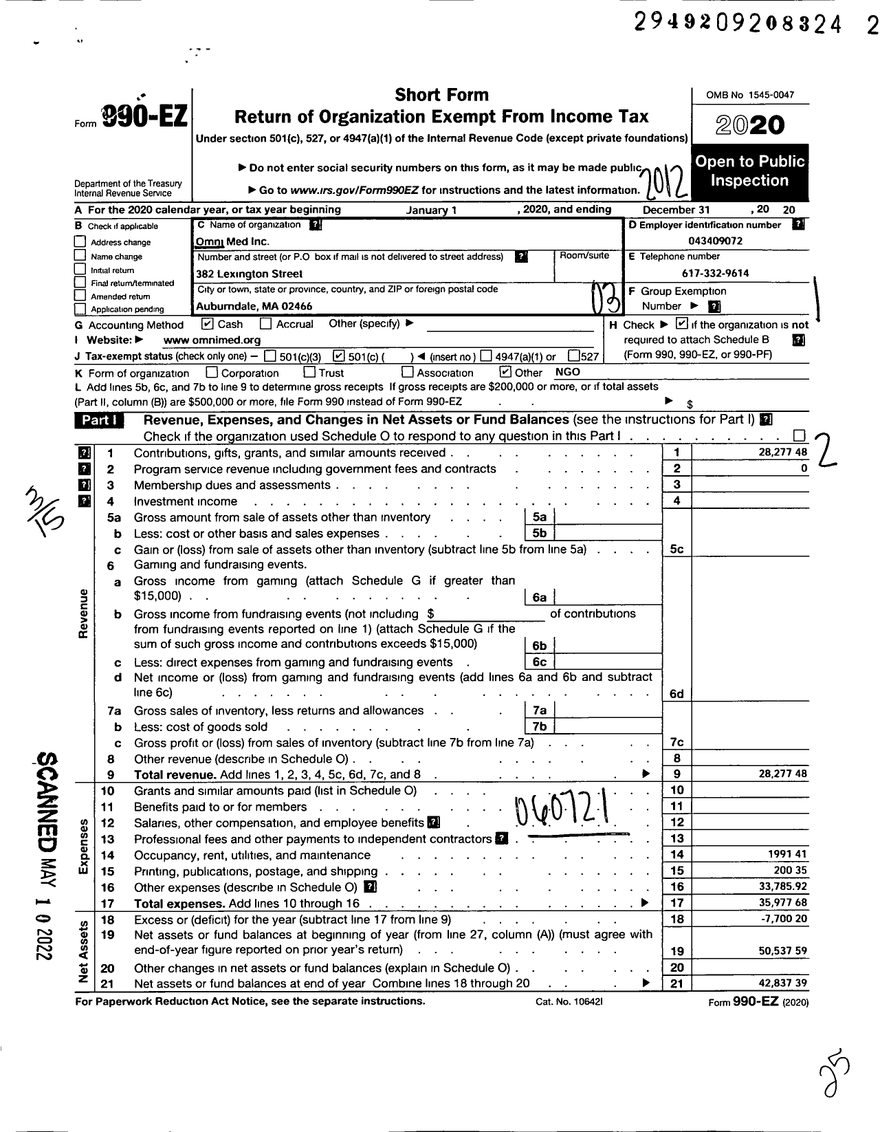 Image of first page of 2020 Form 990EZ for Omni Med