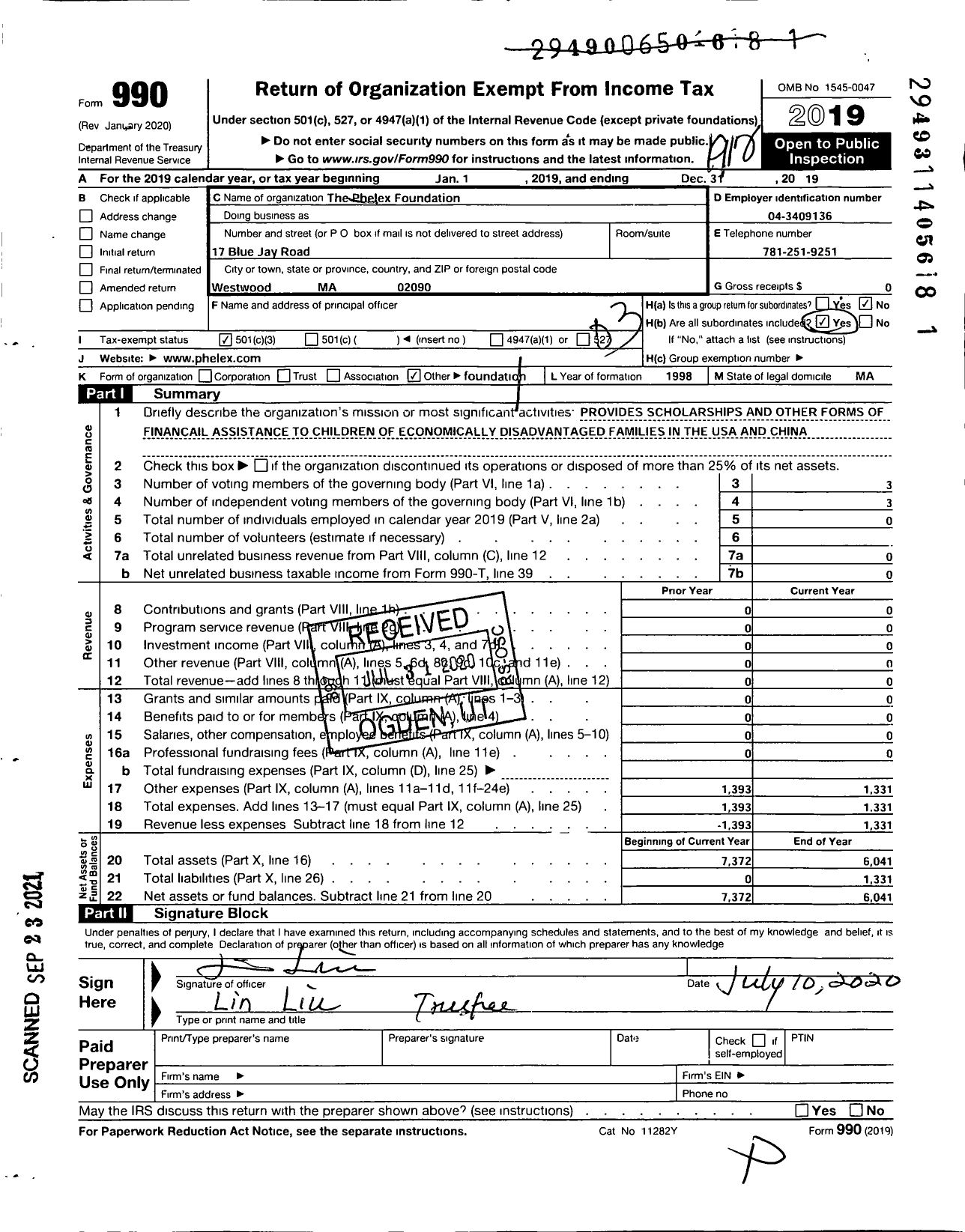 Image of first page of 2019 Form 990 for Phelex Foundation