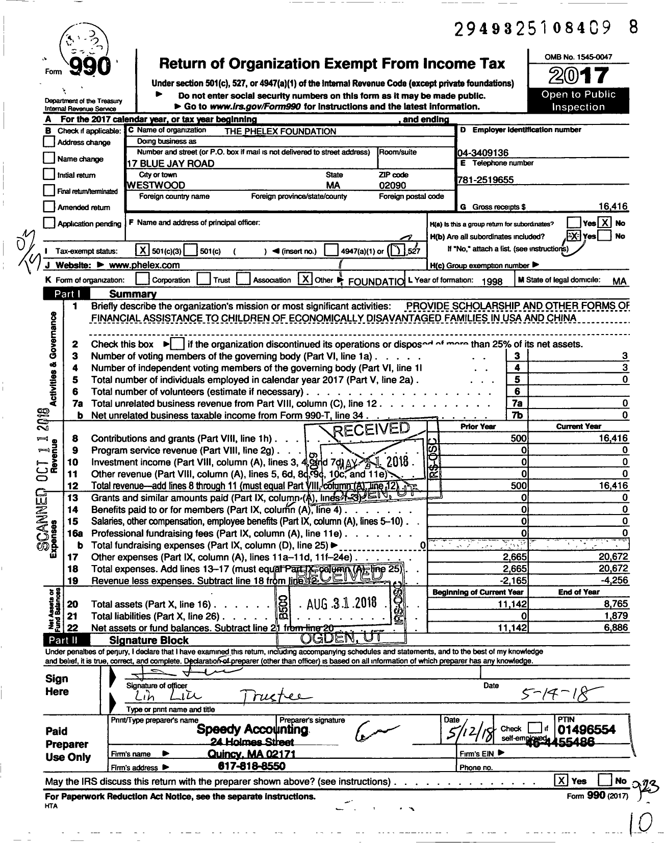 Image of first page of 2017 Form 990 for Phelex Foundation