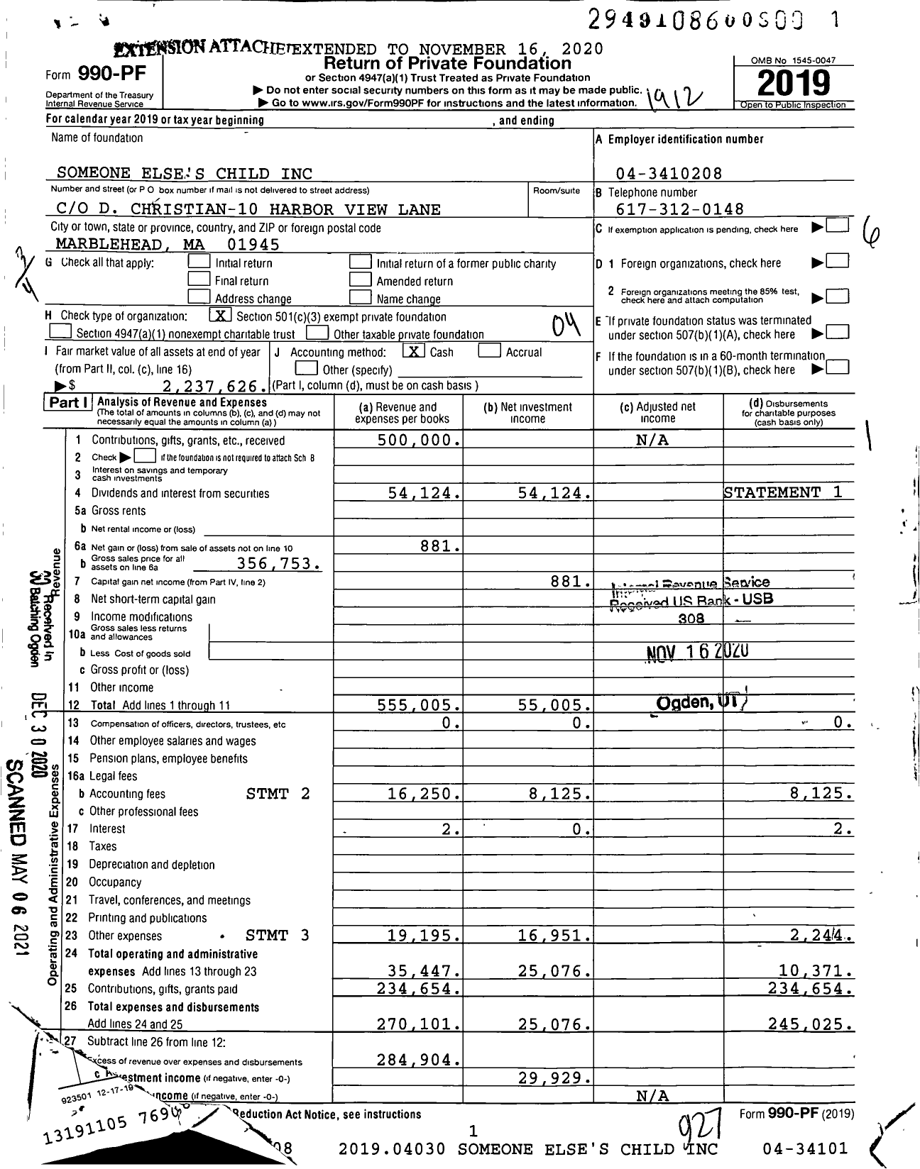 Image of first page of 2019 Form 990PF for Someone Else's Child