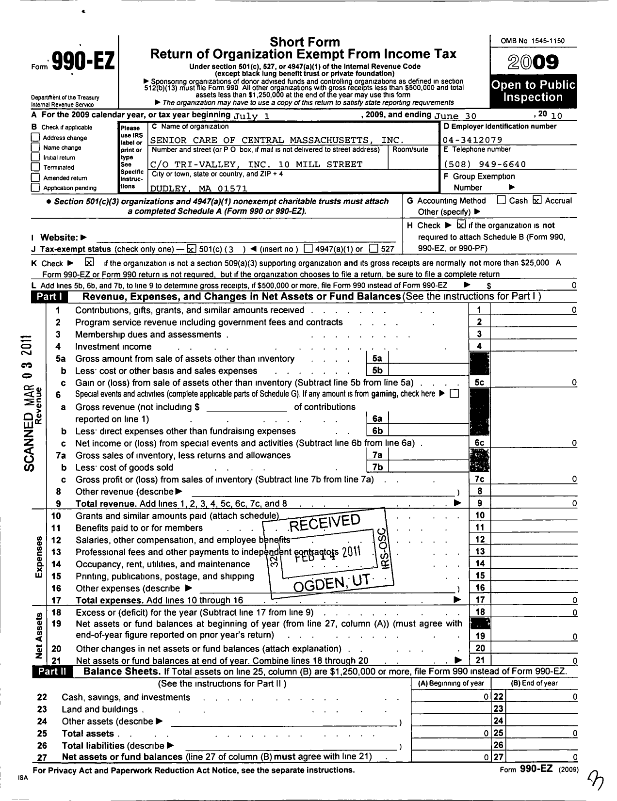 Image of first page of 2009 Form 990EZ for Senior Care of Central Massachusetts