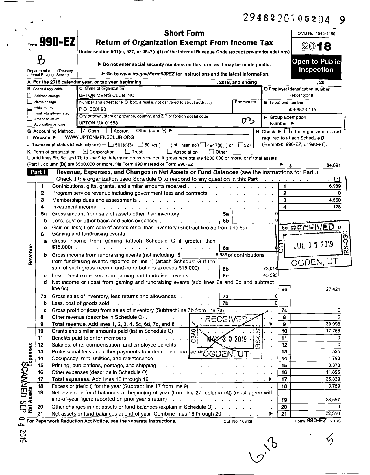 Image of first page of 2018 Form 990EZ for Upton Mens Club