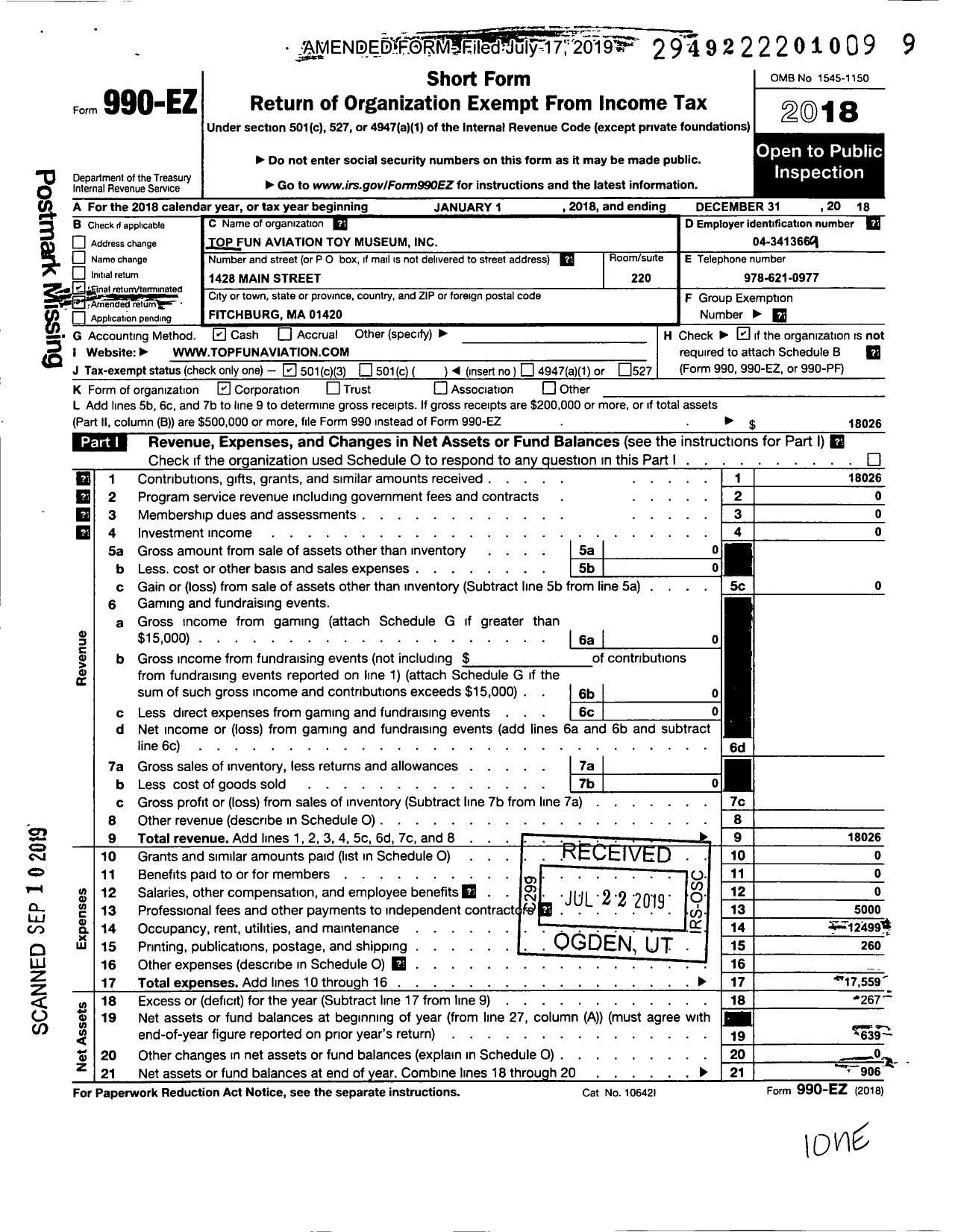 Image of first page of 2018 Form 990EZ for Top Fun Aviation Toy Museum