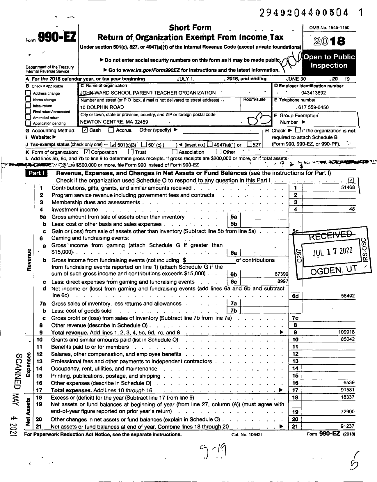 Image of first page of 2018 Form 990EZ for John Ward School Parent Teacher Organization