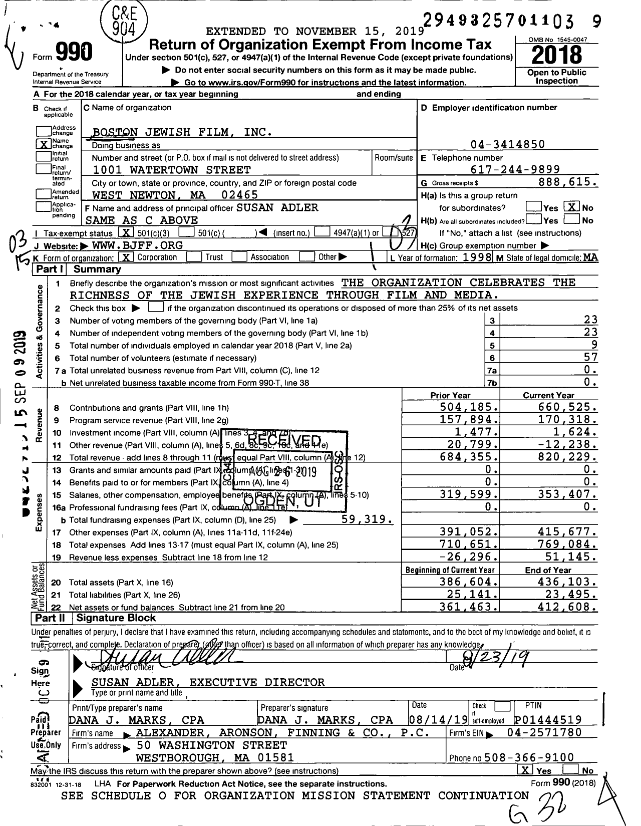Image of first page of 2018 Form 990 for Boston Jewish Film