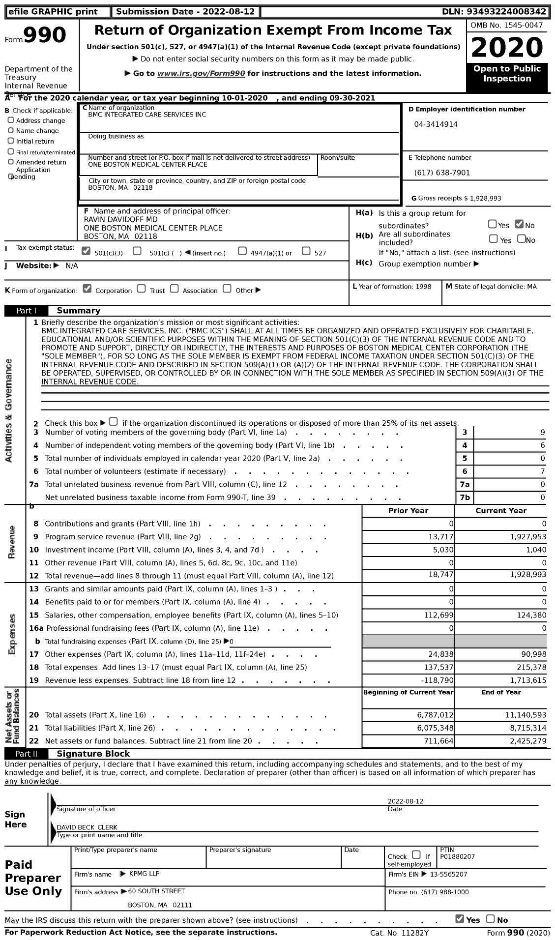 Image of first page of 2020 Form 990 for BMC Integrated Care Services