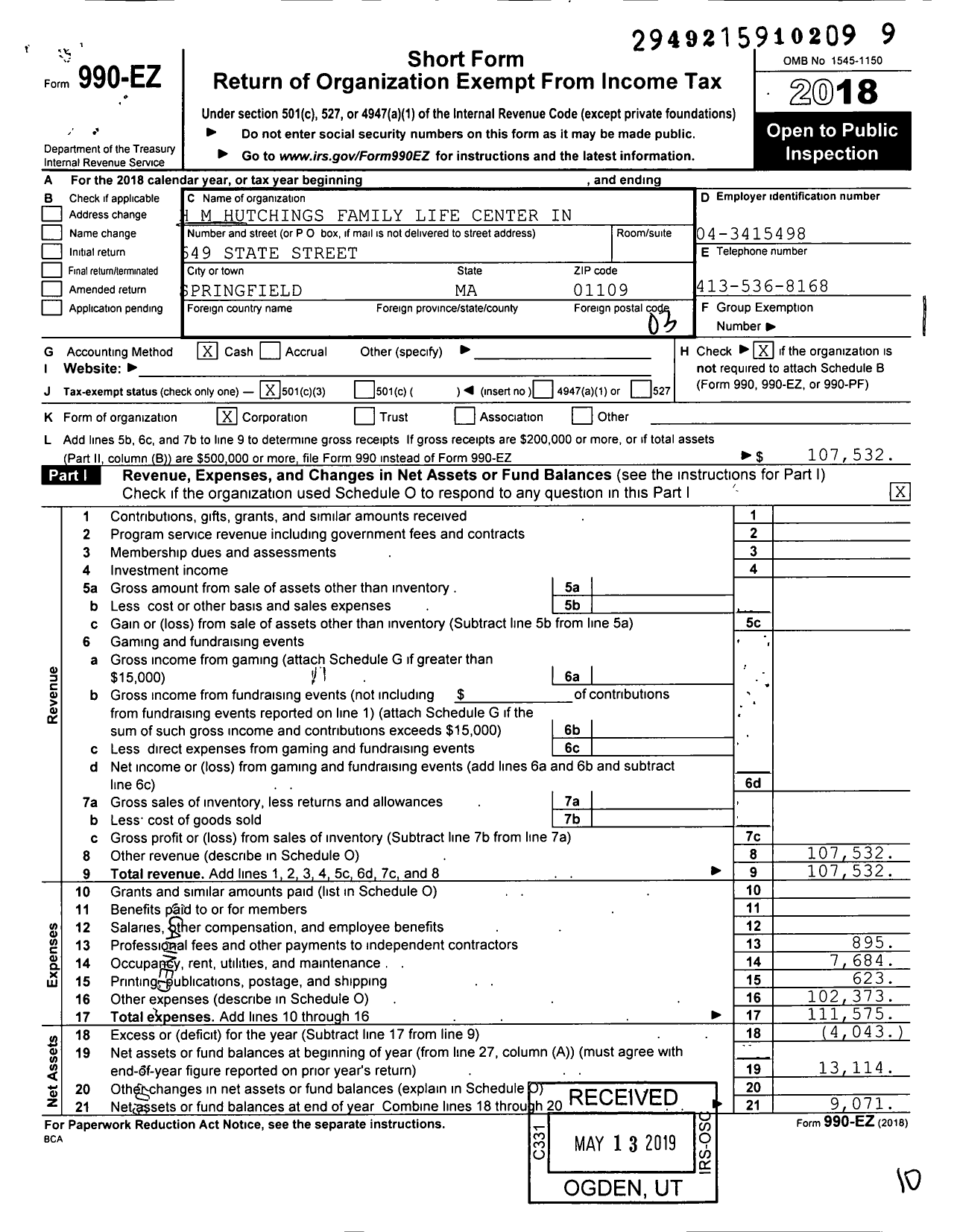 Image of first page of 2018 Form 990EZ for H M Hutchings Family Life Center in