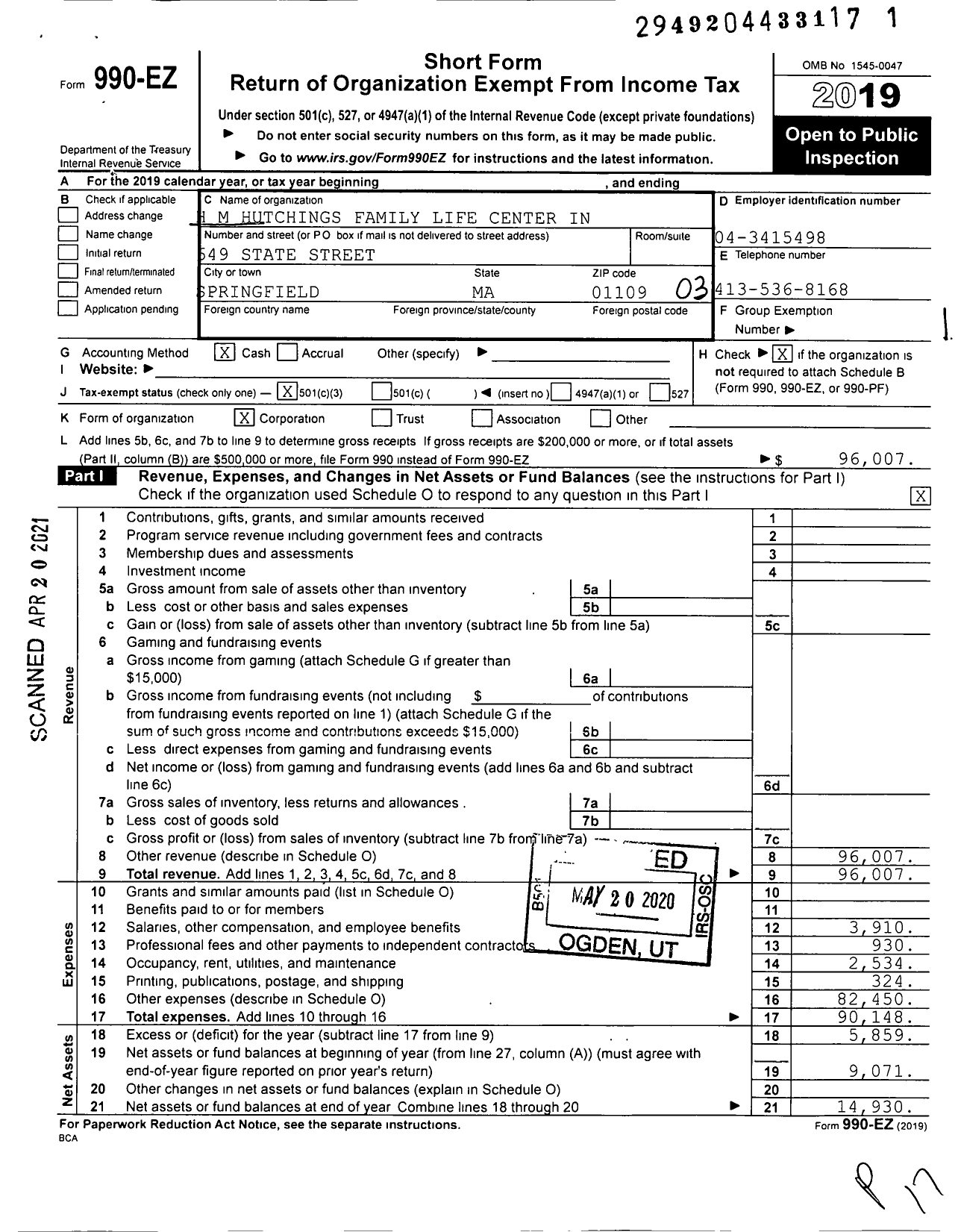 Image of first page of 2019 Form 990EZ for H M Hutchings Family Life Center in