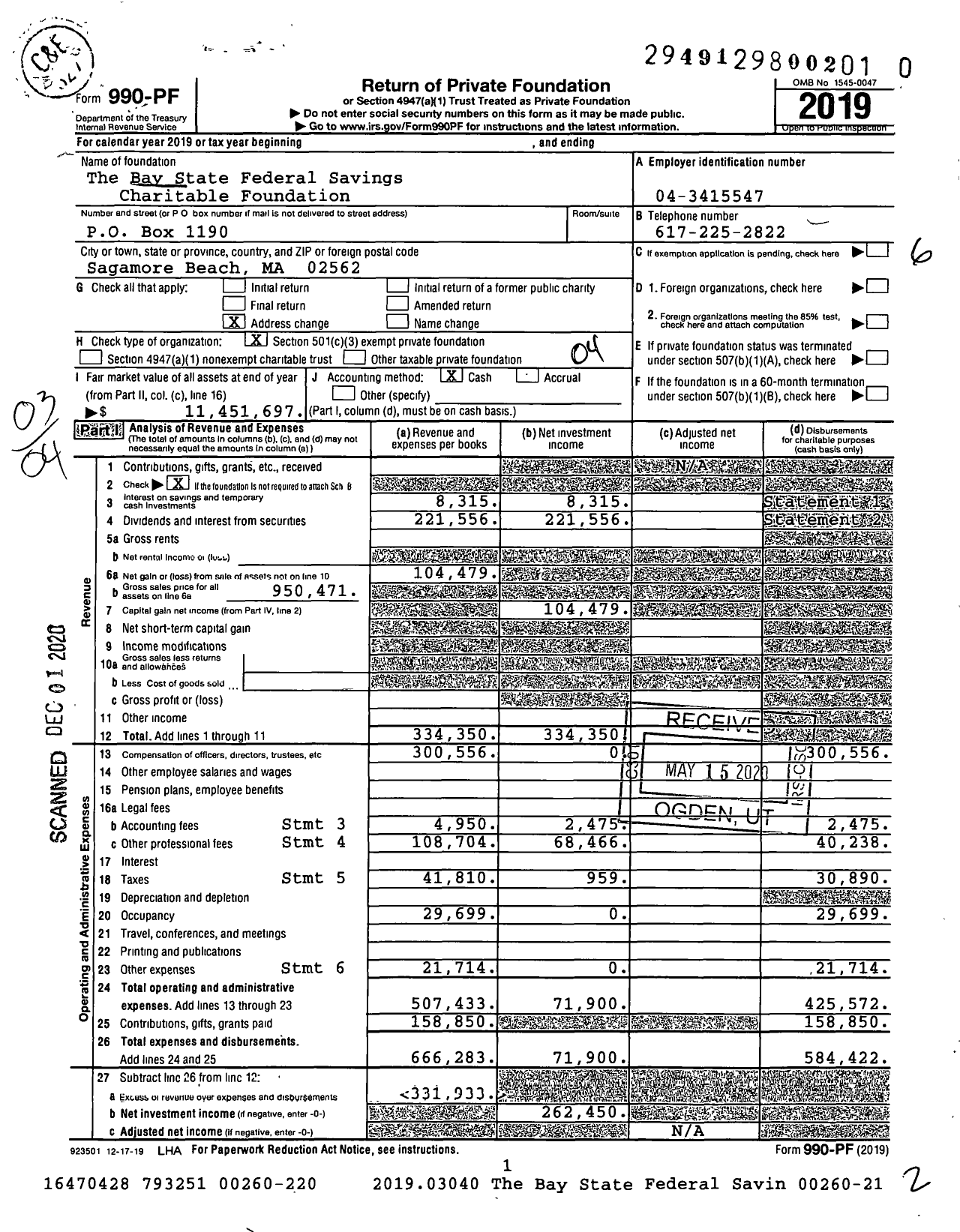 Image of first page of 2019 Form 990PF for The Bay State Federal Savings Charitable Foundation