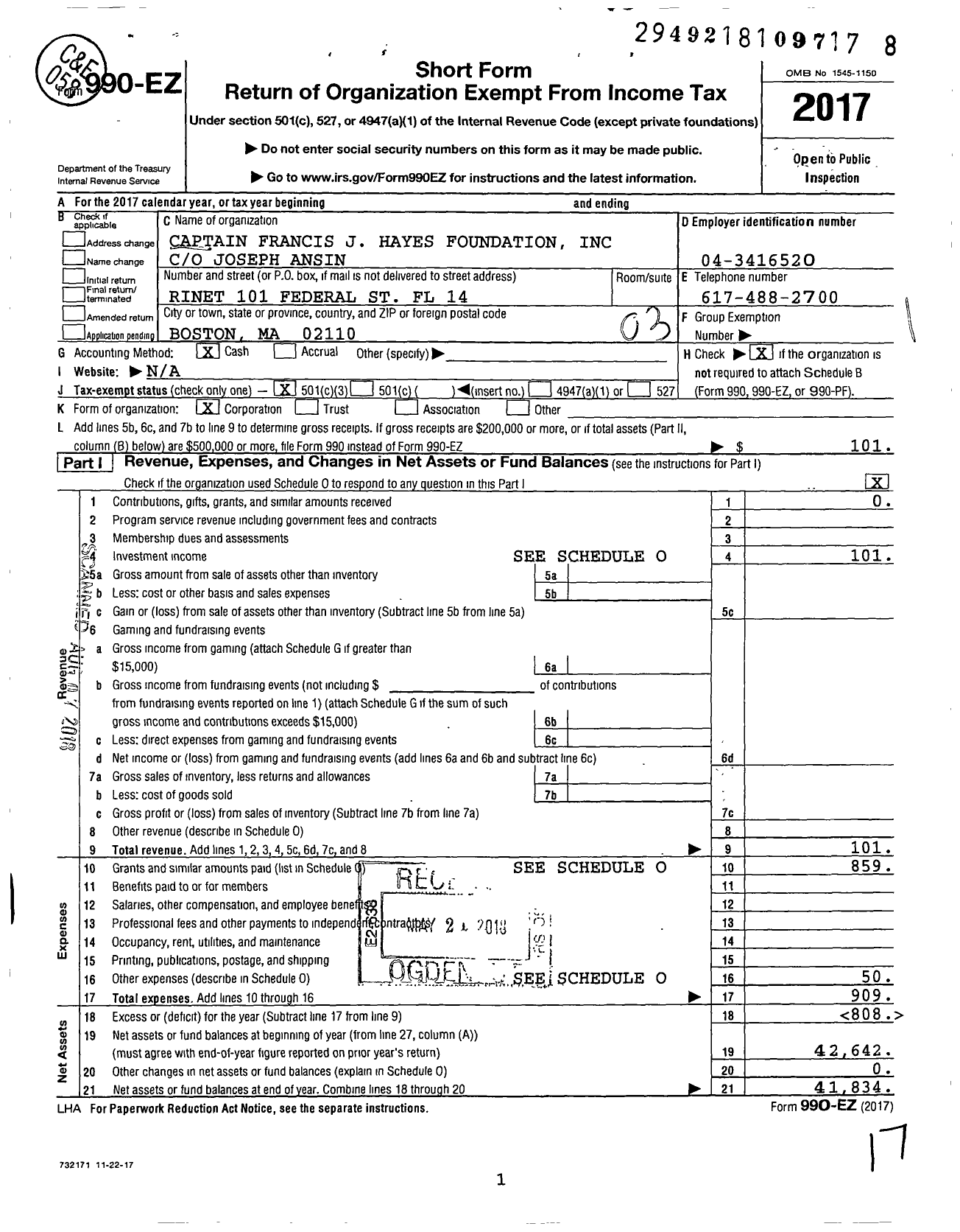 Image of first page of 2017 Form 990EZ for Captain Francis J Hayes Foundation