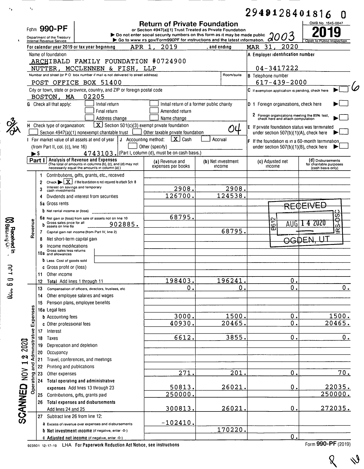 Image of first page of 2019 Form 990PF for Archibald Family Foundation #0724900 Nutter Mcclennen and Fish LLP