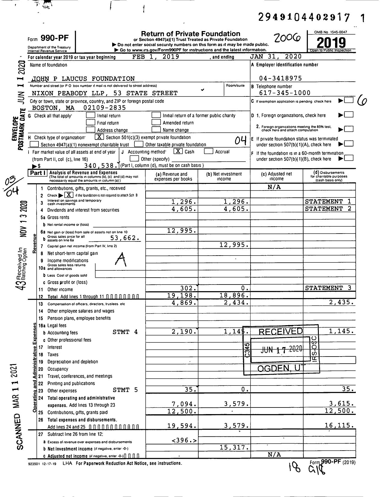 Image of first page of 2019 Form 990PF for John P Laucus Foundation