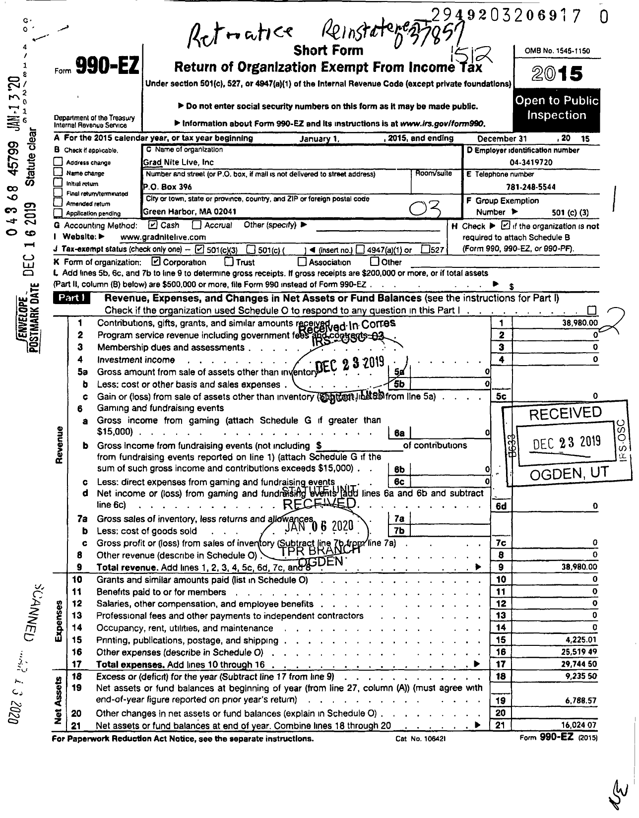 Image of first page of 2015 Form 990EZ for Grad Nite Live