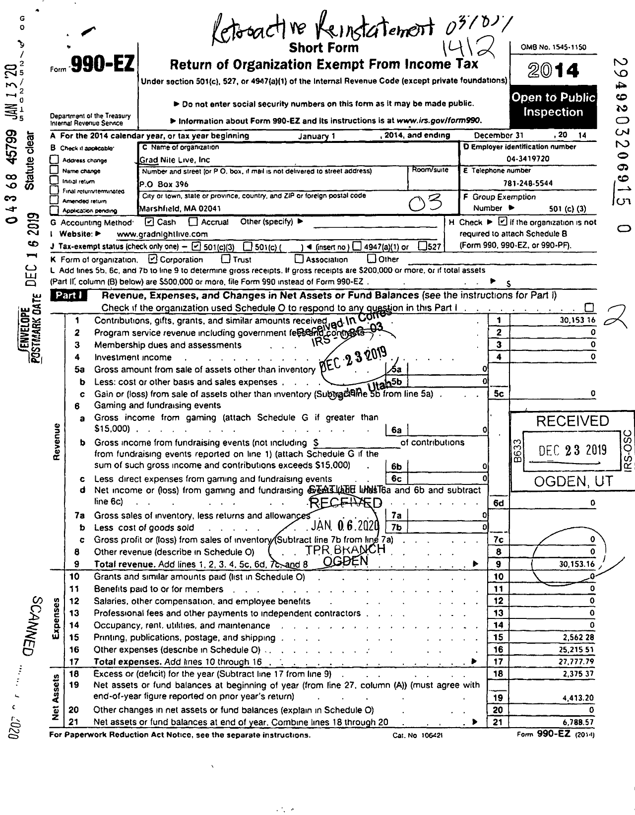 Image of first page of 2014 Form 990EZ for Grad Nite Live