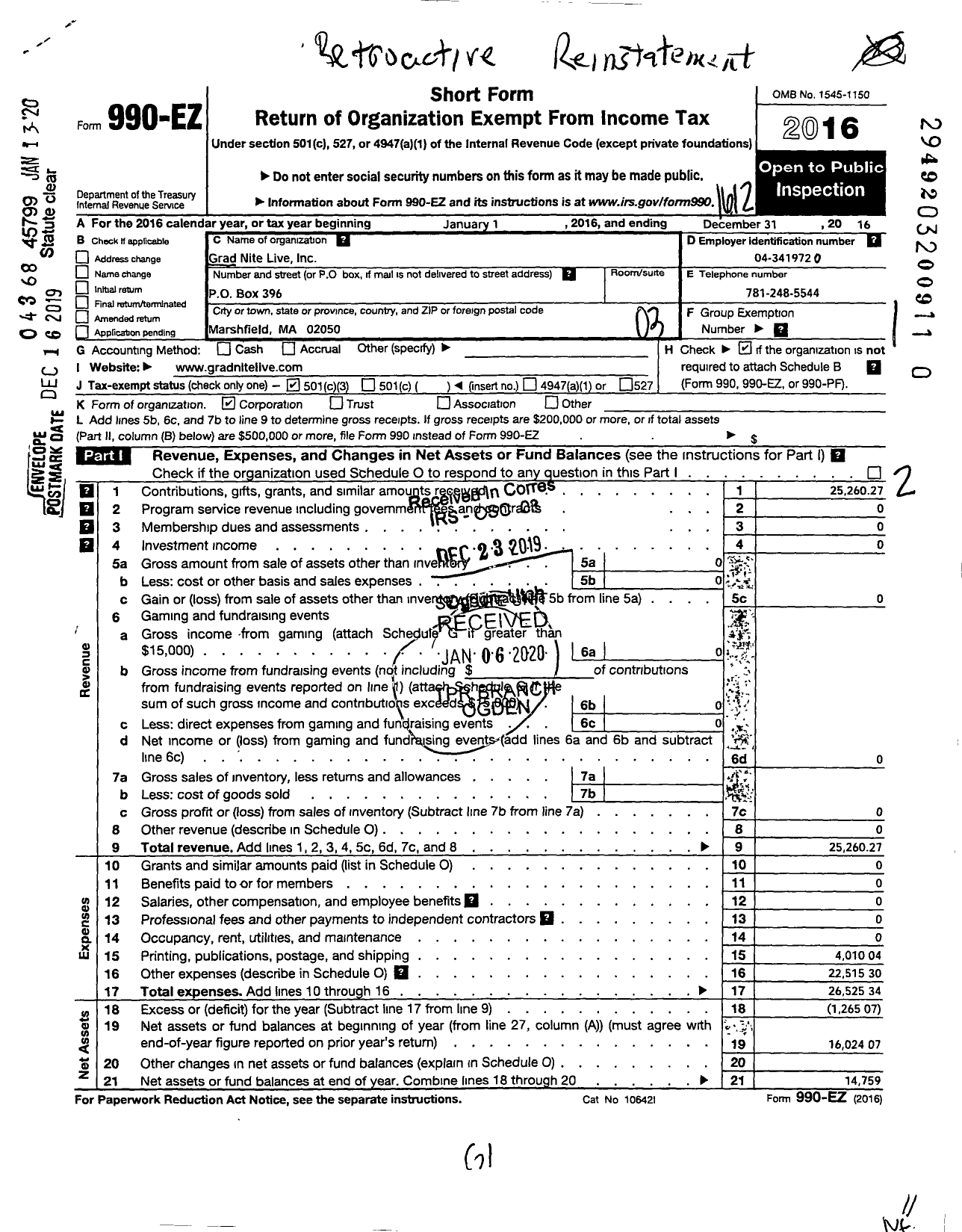 Image of first page of 2016 Form 990EZ for Grad Nite Live