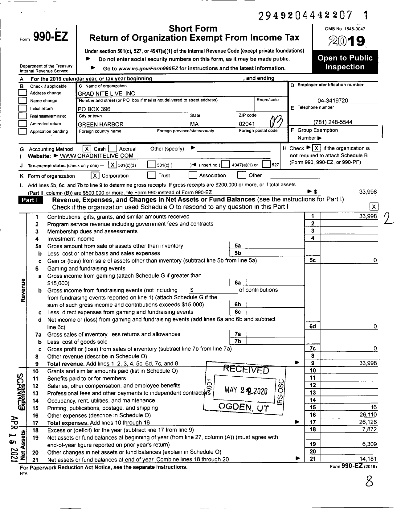 Image of first page of 2019 Form 990EZ for Grad Nite Live