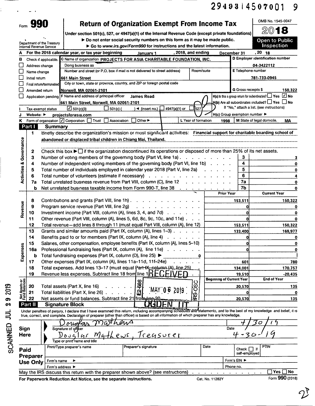 Image of first page of 2018 Form 990 for Projects for Asia Charitable Foundation