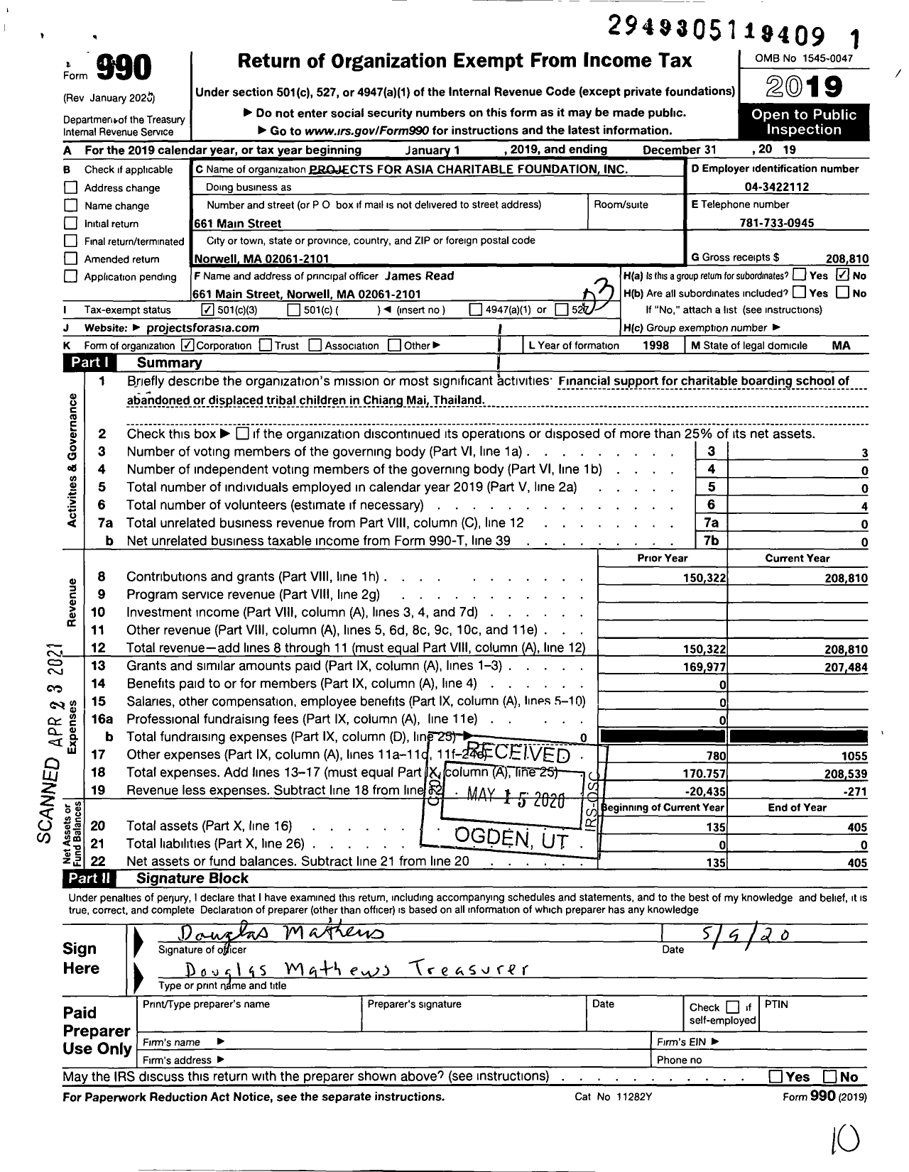 Image of first page of 2019 Form 990 for Projects for Asia Charitable Foundation