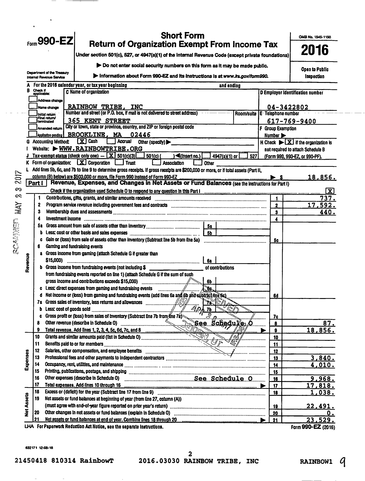 Image of first page of 2016 Form 990EZ for Rainbow Tribe