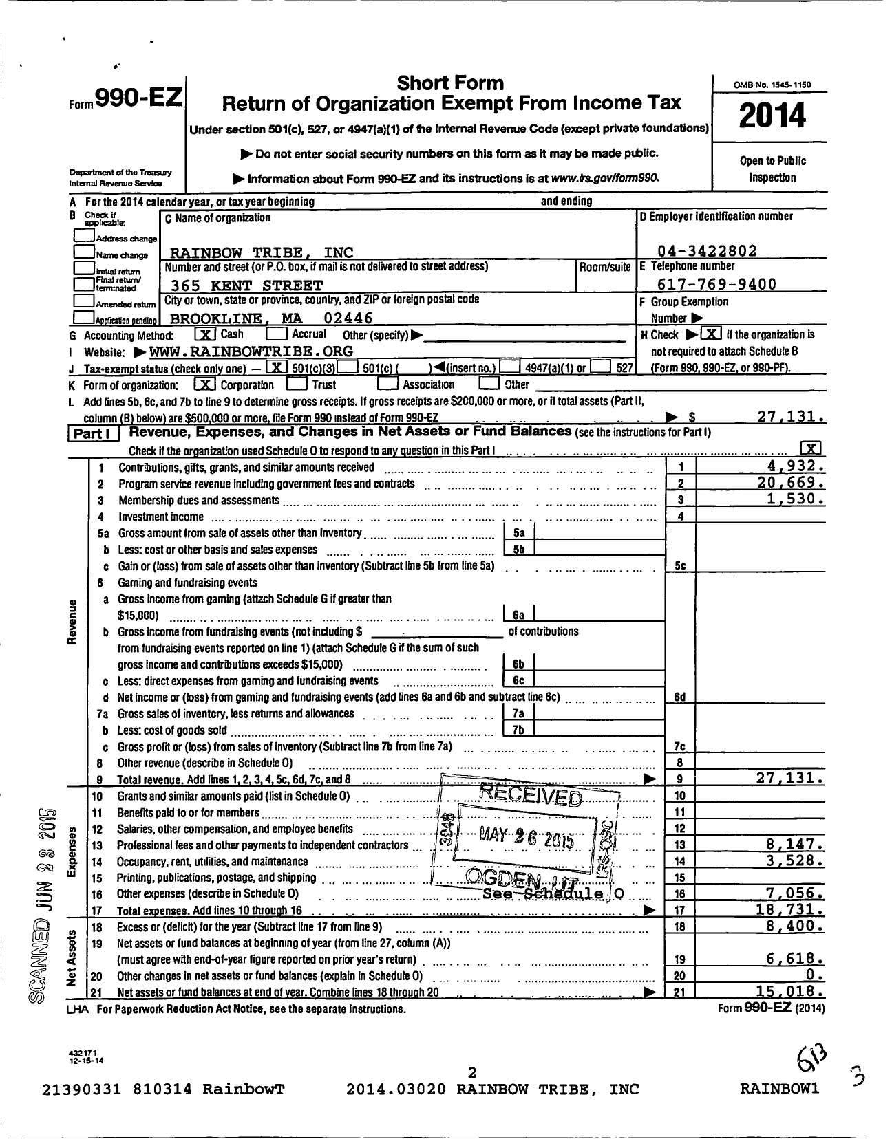 Image of first page of 2014 Form 990EZ for Rainbow Tribe