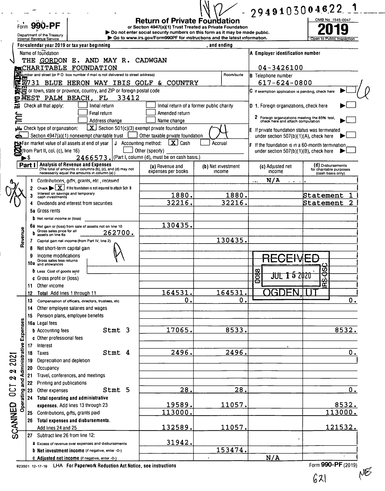 Image of first page of 2019 Form 990PF for The Gordon E and May R Cadwgan Charitable Foundation