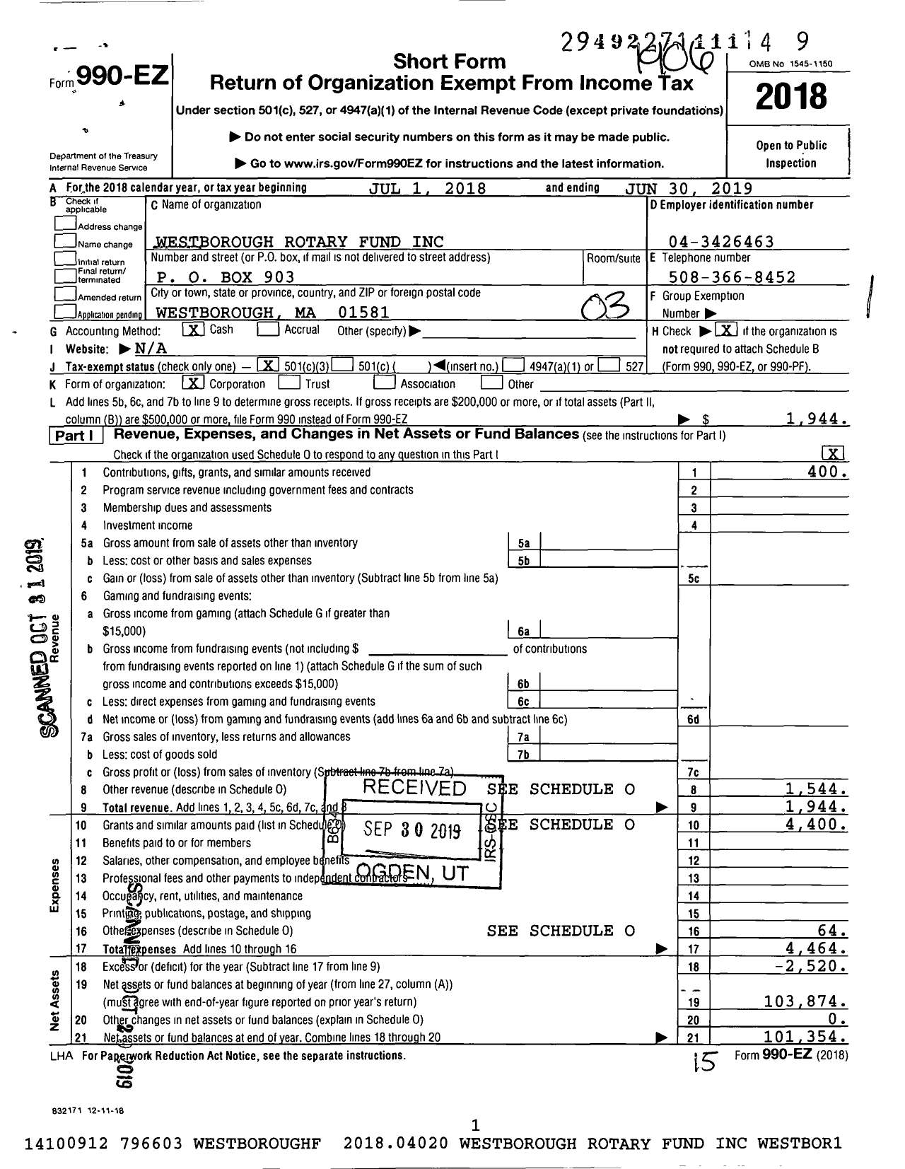 Image of first page of 2018 Form 990EZ for Westborough Rotary Fund