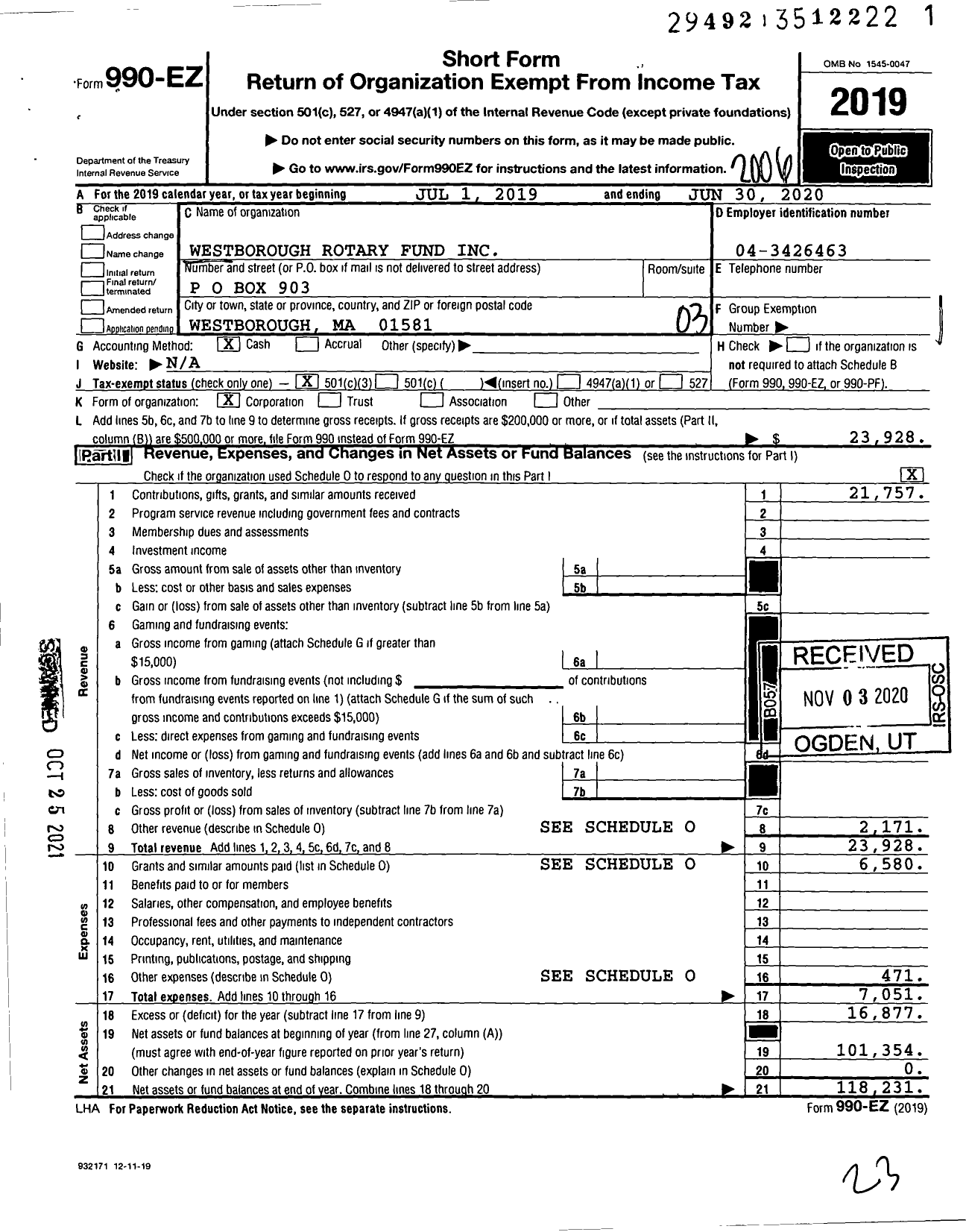 Image of first page of 2019 Form 990EZ for Westborough Rotary Fund