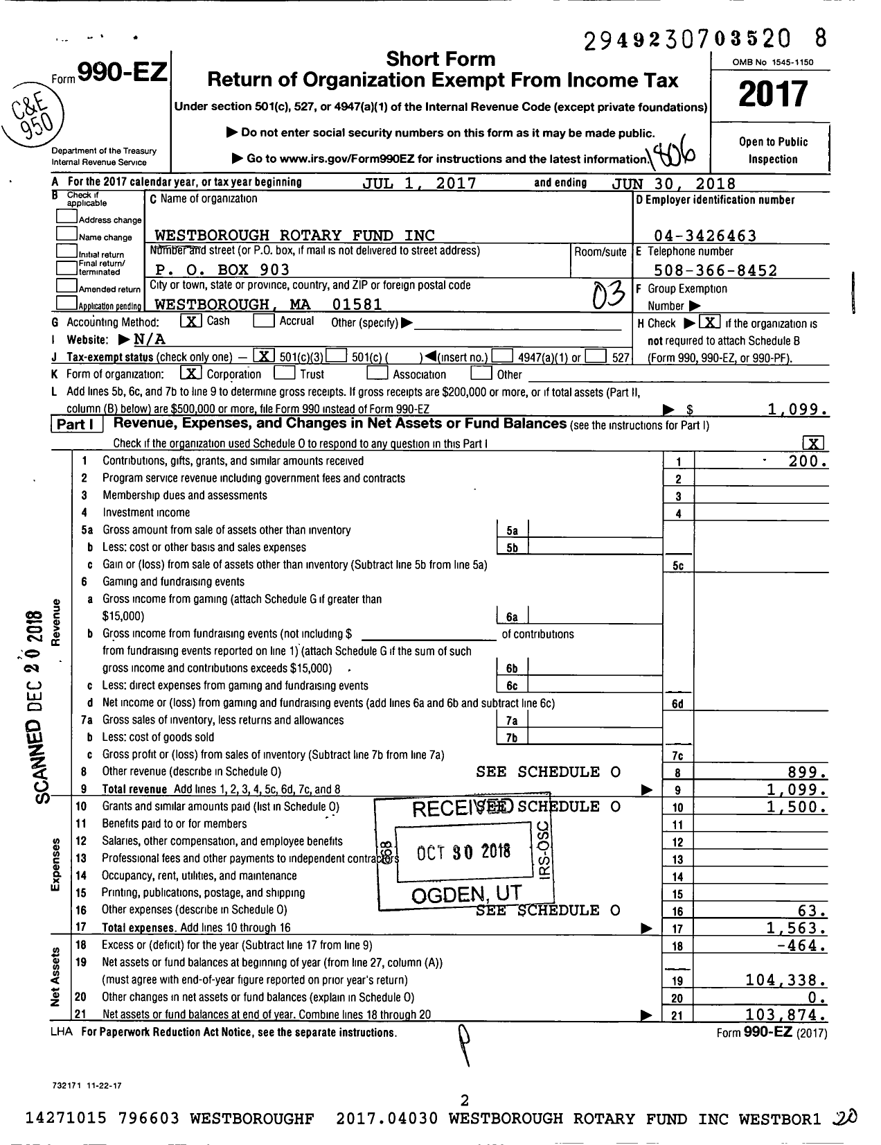 Image of first page of 2017 Form 990EZ for Westborough Rotary Fund