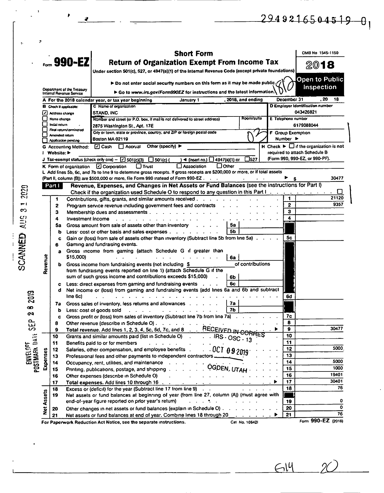 Image of first page of 2018 Form 990EZ for S T A N D