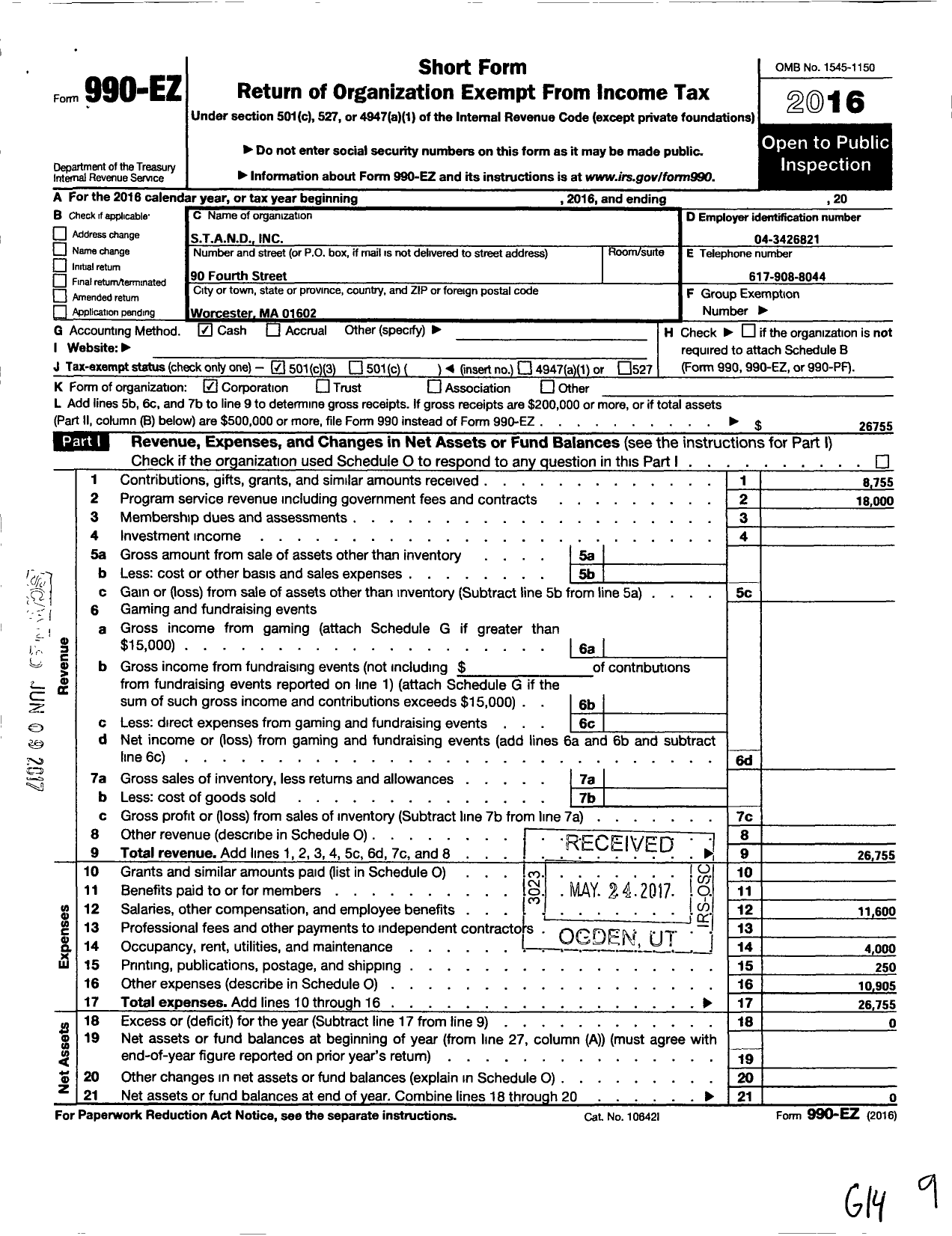 Image of first page of 2016 Form 990EZ for S T A N D