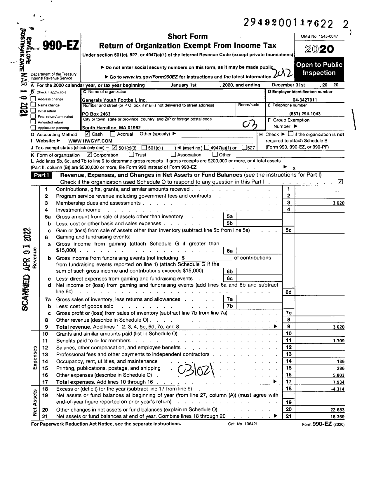 Image of first page of 2020 Form 990EZ for Generals Youth Football