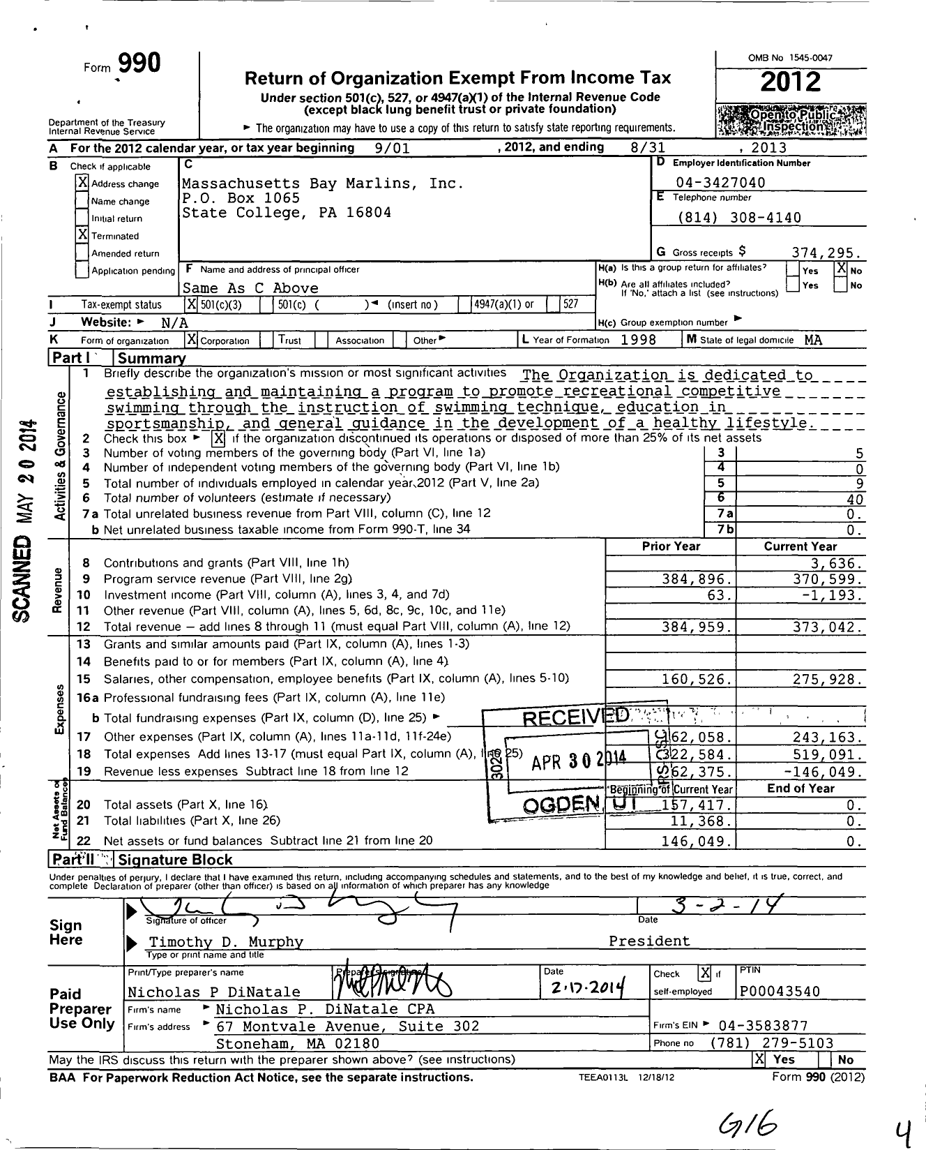 Image of first page of 2012 Form 990 for Massachusetts Bay Marlins