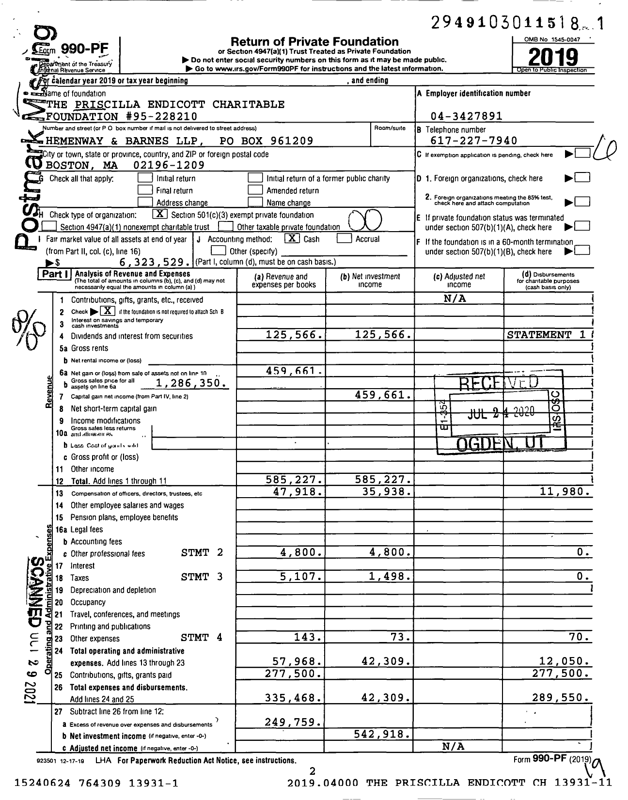 Image of first page of 2019 Form 990PF for The Priscilla Endicott Charitable Foundation #95-228210