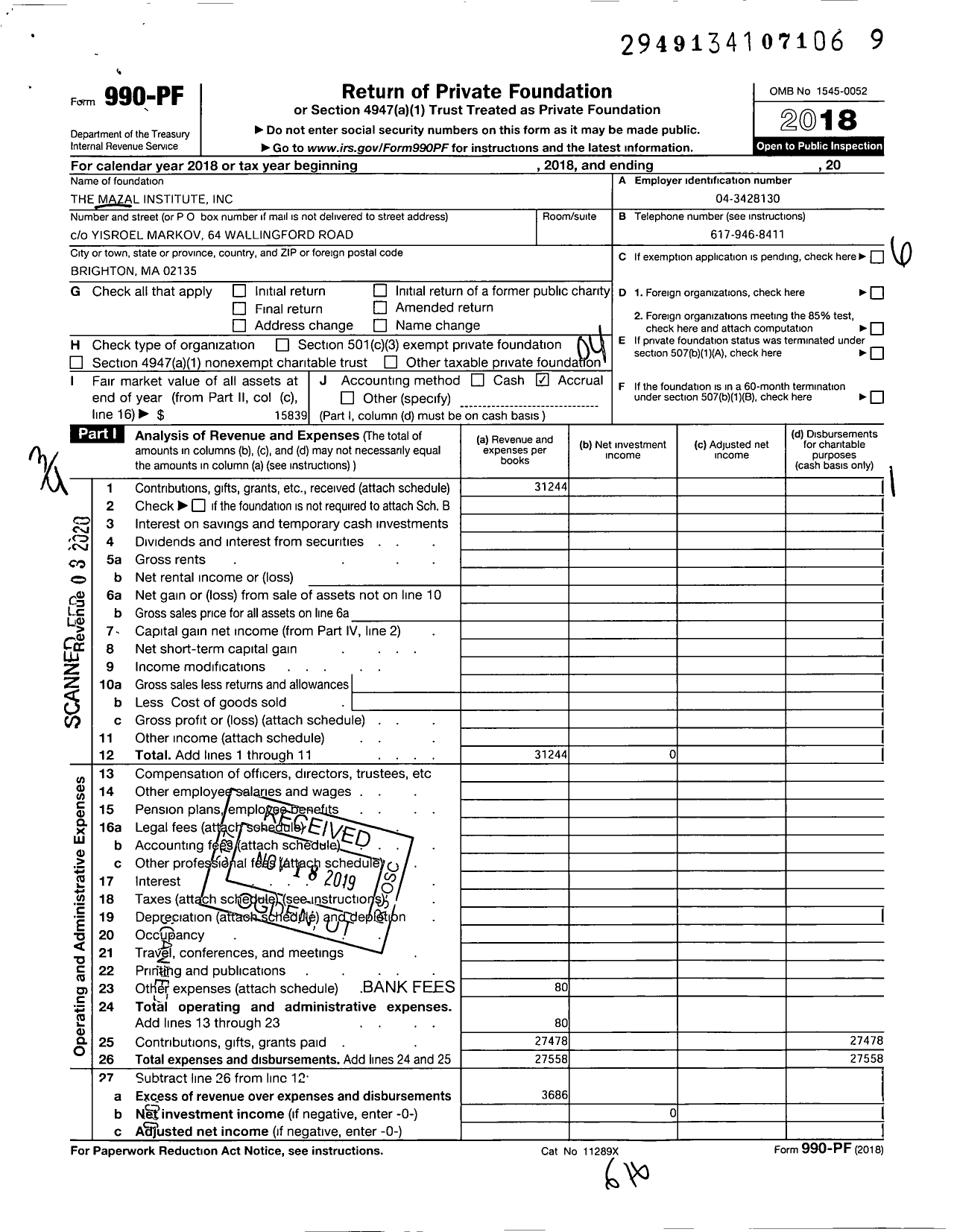 Image of first page of 2018 Form 990PF for Mazal Institute