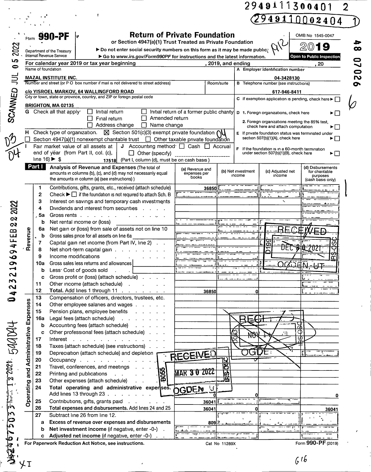 Image of first page of 2019 Form 990PF for Mazal Institute