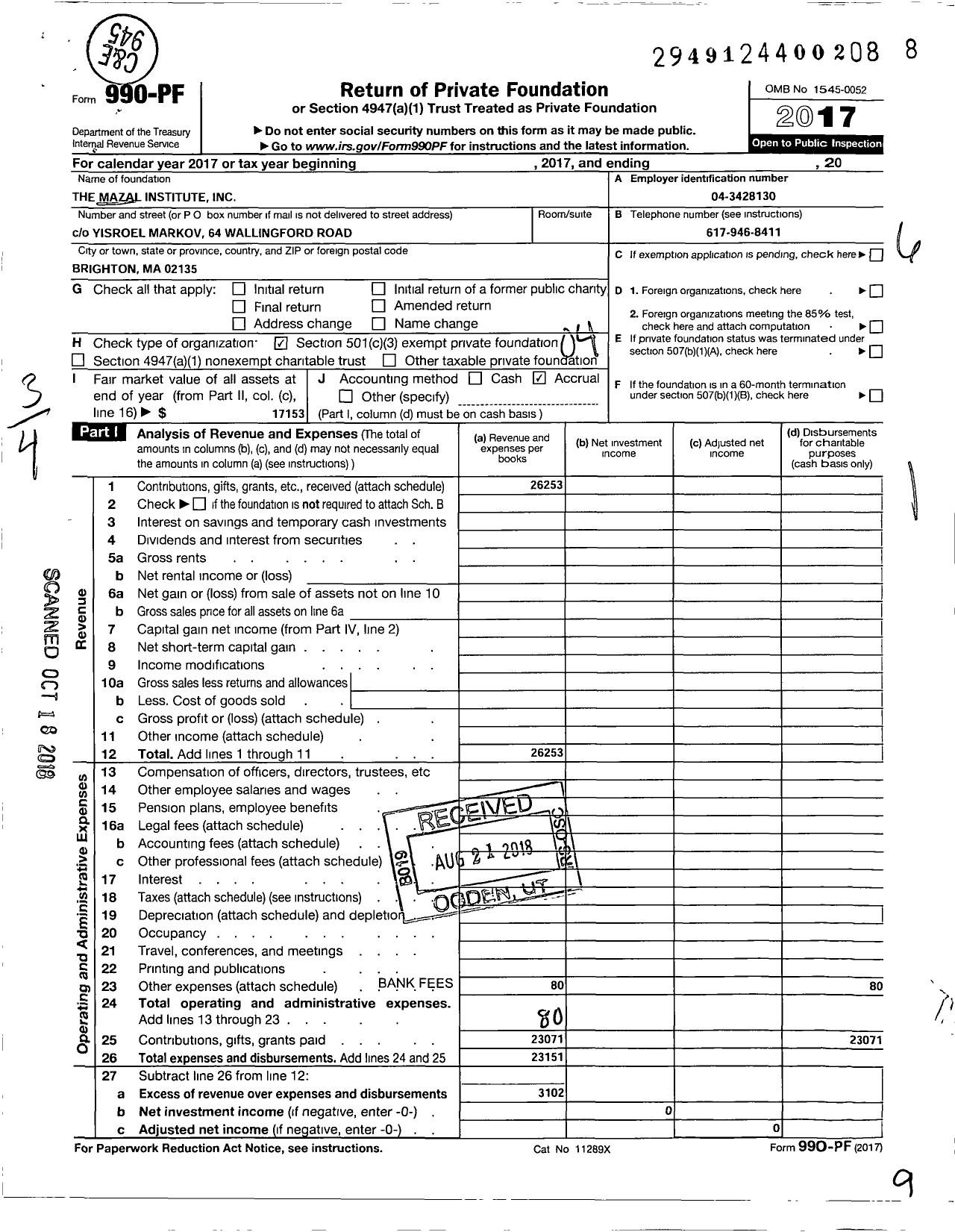 Image of first page of 2017 Form 990PF for Mazal Institute